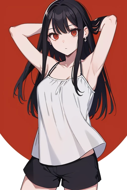 (masterpiece), (best quality), (ultra-detailed), (best illustration), (best shadow), (absurdres), 1girl, solo, Chihara, 1girl, solo, black hair, shorts, long hair, looking at viewer, black shorts, forest, camisole, red eyes, breasts, earrings, short shorts, night, cowboy shot, arms behind head, contrapposto, spread armpit,
