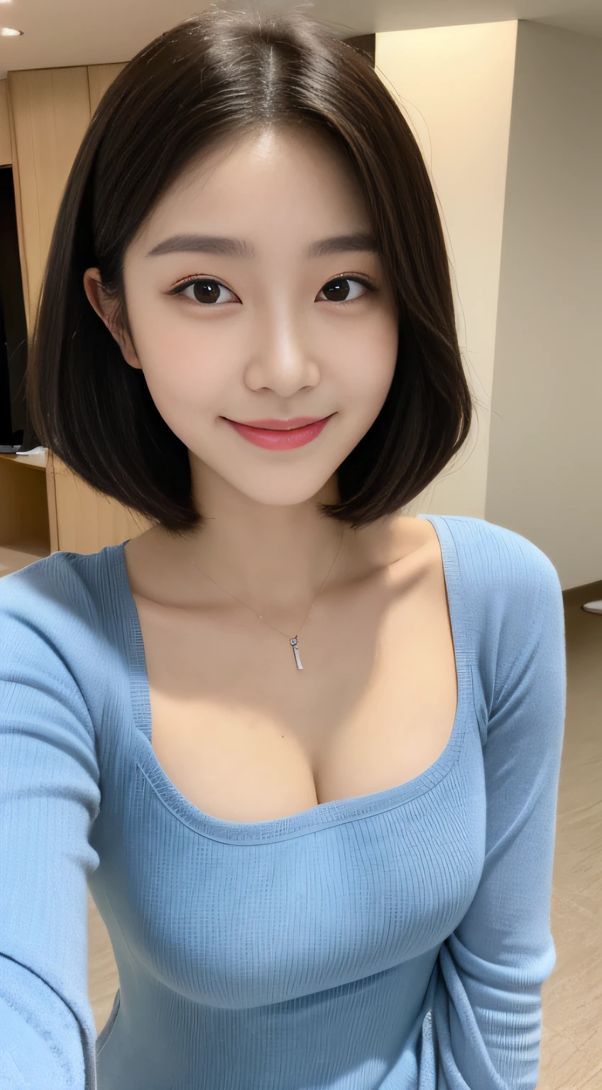 ((Top Quality, 8K, masterpiece: 1.3)), 1woman, 20yo, Korean female idols: 1.5, Slender abs beauty: 1.3, (Hairstyle casual, large full breasts: 1.1), S-line body, Perfect Body:1.3, Full Makeup: 1.1, casual:1.3, Ultra-fine face, A detailed eye, Double eyelidd, Sorrisos, Location Random: 1:2, dimple, Shoes Random:1.3, selfie:1.3
