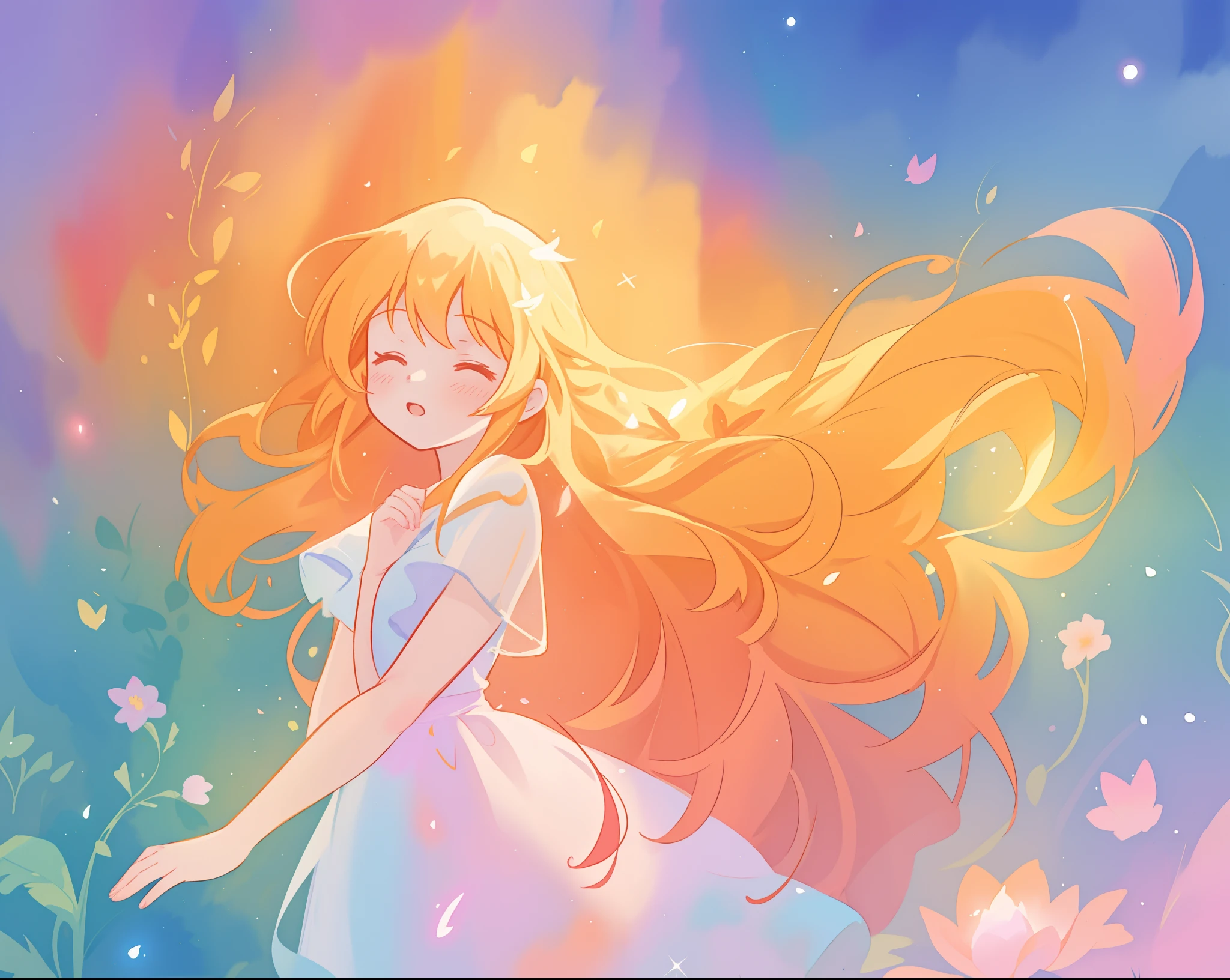 beautiful girl in flowing multi-layered dress, fairy dress, long golden hair, watercolor illustration, inspired by Glen Keane, inspired by Lois van Baarle, disney art style, by Lois van Baarle, glowing aura around her, by Glen Keane, jen bartel, glowing lights! digital painting, flowing glowing hair, glowing flowing hair, beautiful digital illustration, fantasia otherworldly landscape plants flowers, beautiful, masterpiece, best quality, anime disney style