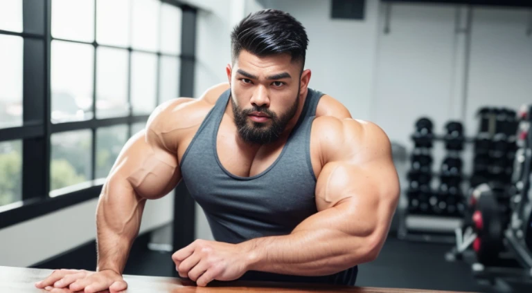 (Very detailed 8k wallpaper), Strong Asian Men, At the gym, high detailing, buzzcut, very large and strong body, bulging muscles, well-muscled, very large pectoral muscles. Very sexy abs, legs are muscular, Toned figure, lightens oily skin, muscular, Tank top, T-shirt, longshot, Wide Shot