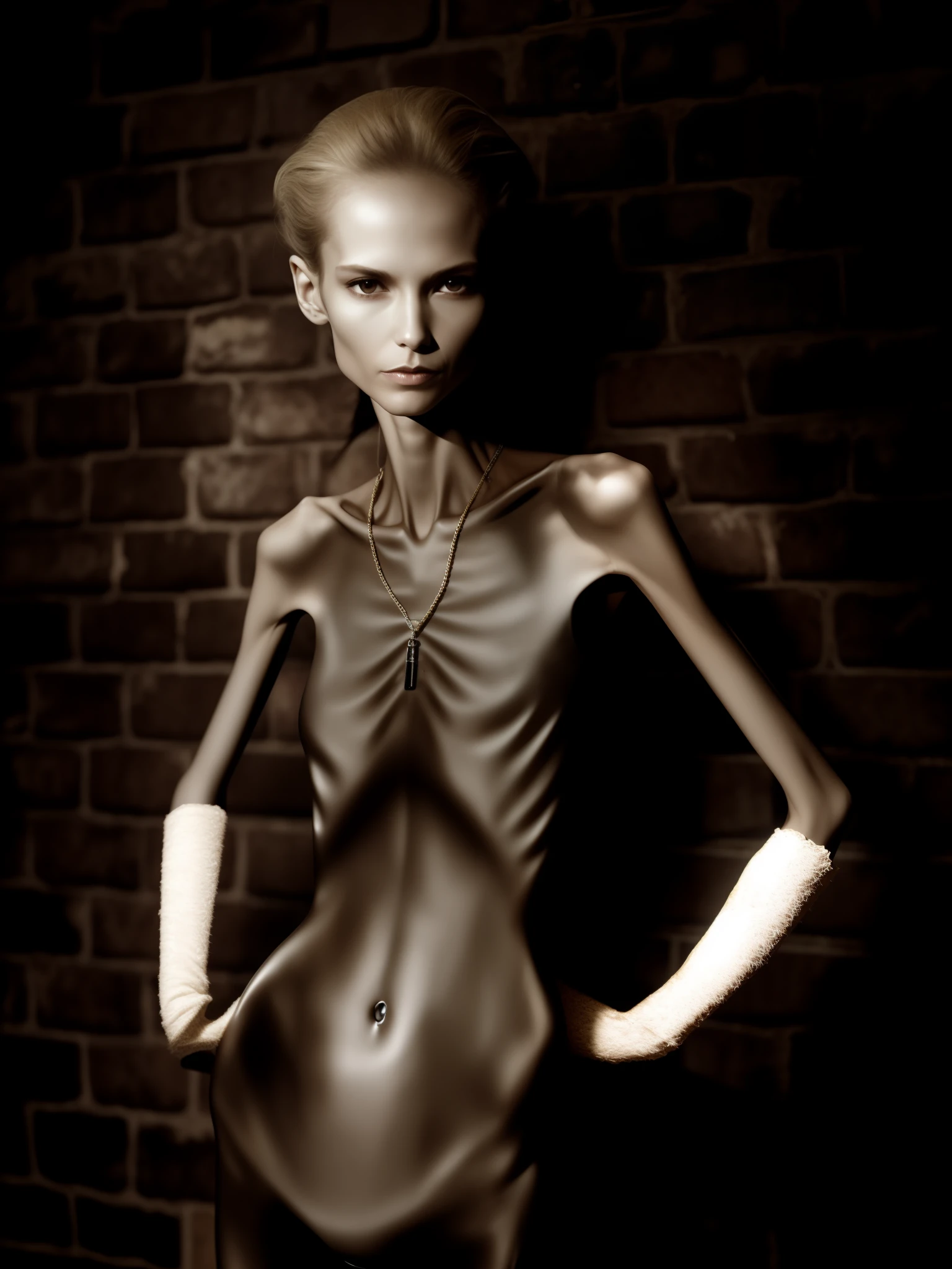 Skinny woman, Extremely emaciated body，Sunken abdomen，Very slim waist and legs，Thin figure，Skinny ribs are noticeable，The pelvis is pronounced，The face is thin，Wear a one-piece skinny latex suit，The chest is shriveled and sagging，Hungry and weak