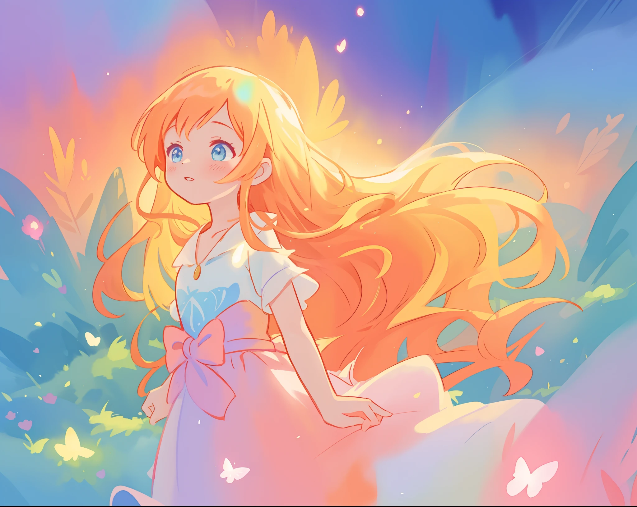 beautiful girl in flowing multi-layered dress, fairy dress, long golden hair, watercolor illustration, inspired by Glen Keane, inspired by Lois van Baarle, disney art style, by Lois van Baarle, glowing aura around her, by Glen Keane, jen bartel, glowing lights! digital painting, flowing glowing hair, glowing flowing hair, beautiful digital illustration, fantasia otherworldly landscape plants flowers, beautiful, masterpiece, best quality, anime disney style