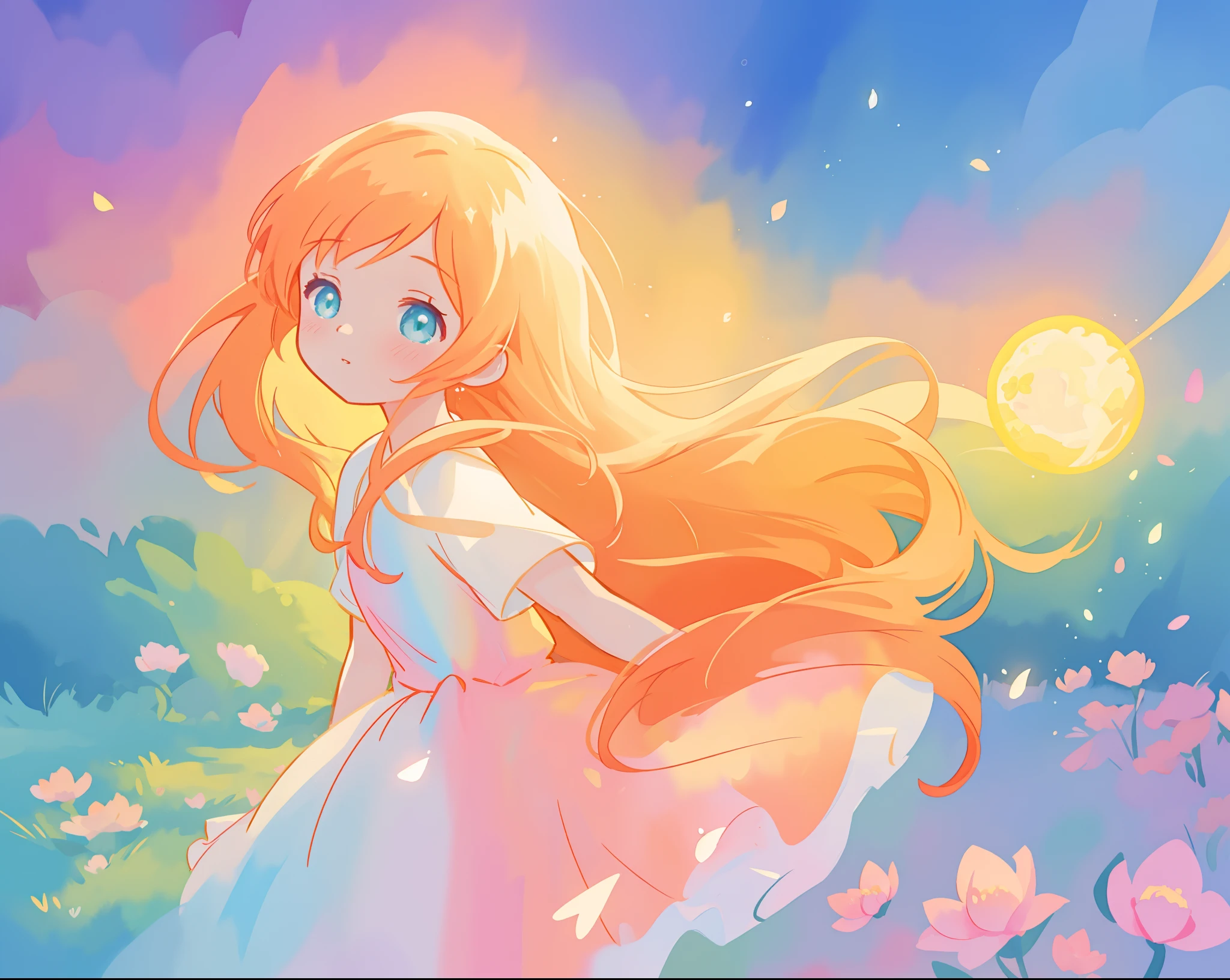 beautiful girl in flowing multi-layered dress, fairy dress, long golden hair, watercolor illustration, inspired by Glen Keane, inspired by Lois van Baarle, disney art style, by Lois van Baarle, glowing aura around her, by Glen Keane, jen bartel, glowing lights! digital painting, flowing glowing hair, glowing flowing hair, beautiful digital illustration, fantasia otherworldly landscape plants flowers, beautiful, masterpiece, best quality, anime disney style