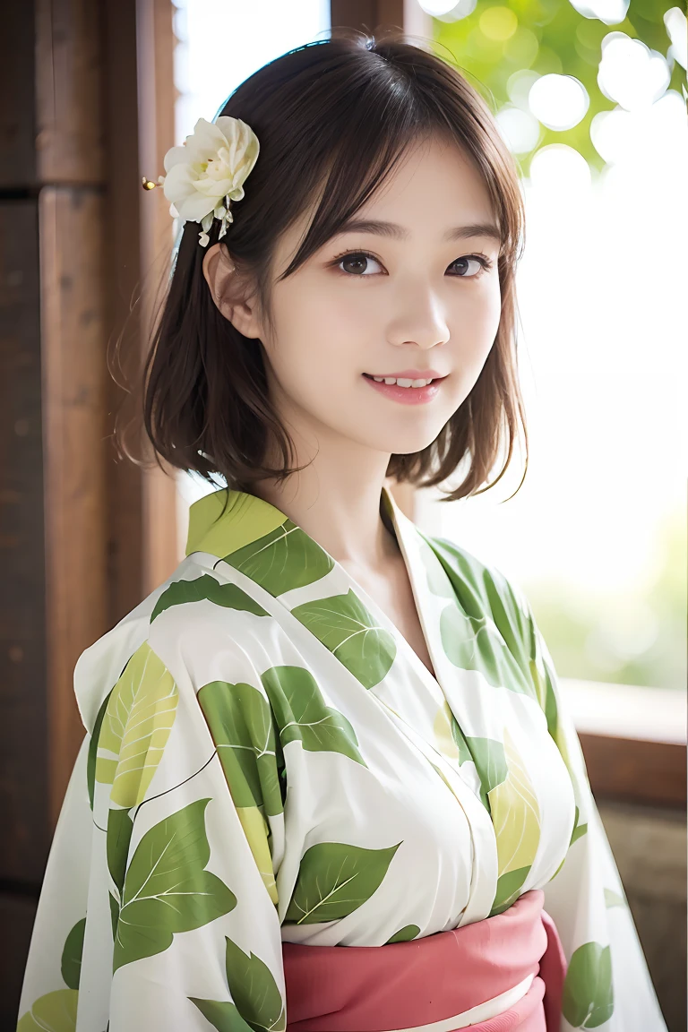 ((top-quality、masterpiece、photographrealistic:1.4、in 8K))、beautiful japanese female1a person、25years old、Beautiful short hair、delicate and beautiful face、Eyes and faces with detailed 、Beautiful lighting、Shy laughter、Textured skin、Super Detail、high detailing、High quality、hight resolution、(Kimono:1.3)、bangss、Colossal tits:1.2)、Face Up、Slim waist、natural soft light