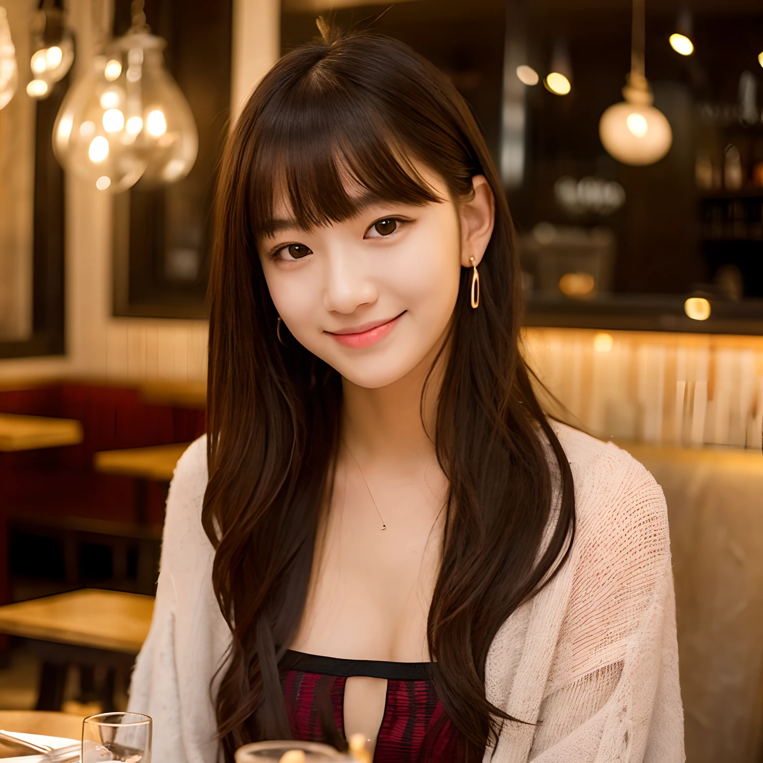 female pervert, Height 145cm,21 years old, F Cup, Long hair, Bangs curls, Curly hair,Bangs parted diagonally,A shy smile,piercings, Cute, Sex appeal, A sexy,Hair color: Mocha brown,Chest emphasis,Bangs split to the right,Beautiful makeup,Beautiful restaurant with night view,Luxury French,