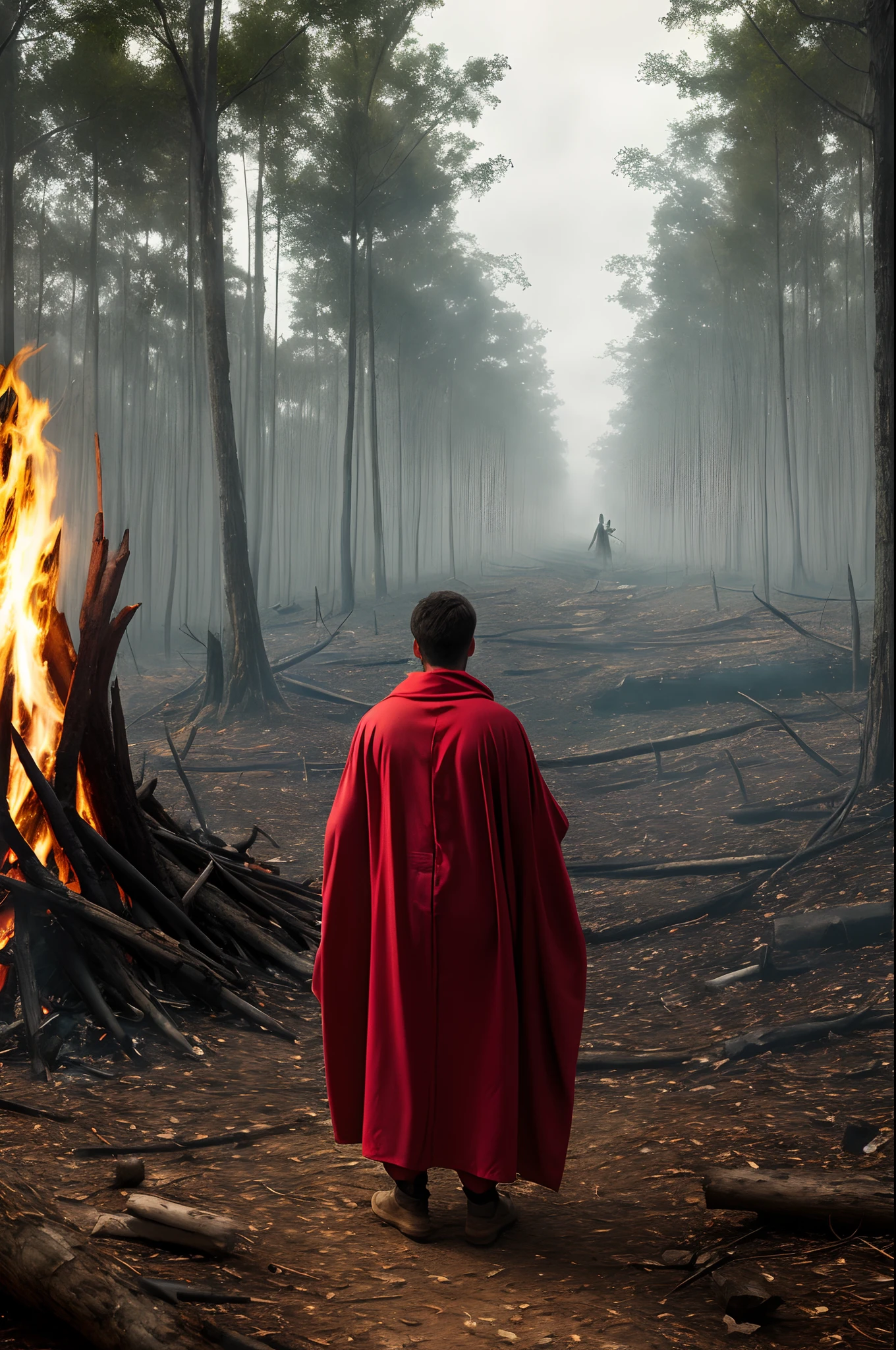 Create an image of an alien ayahuasca shaman in a surreal forest bonfire ceremony that exudes mystery and an eerie cinematic mood. The image should be in 16K resolution, with a shot from behind the sacrificial volunteer. The shaman should be depicted in a clear red plastic robe, shirtless. The background or setting should be in between two dimensions. The overall style of the image should be a photorealistic surreal masterpiece photo.