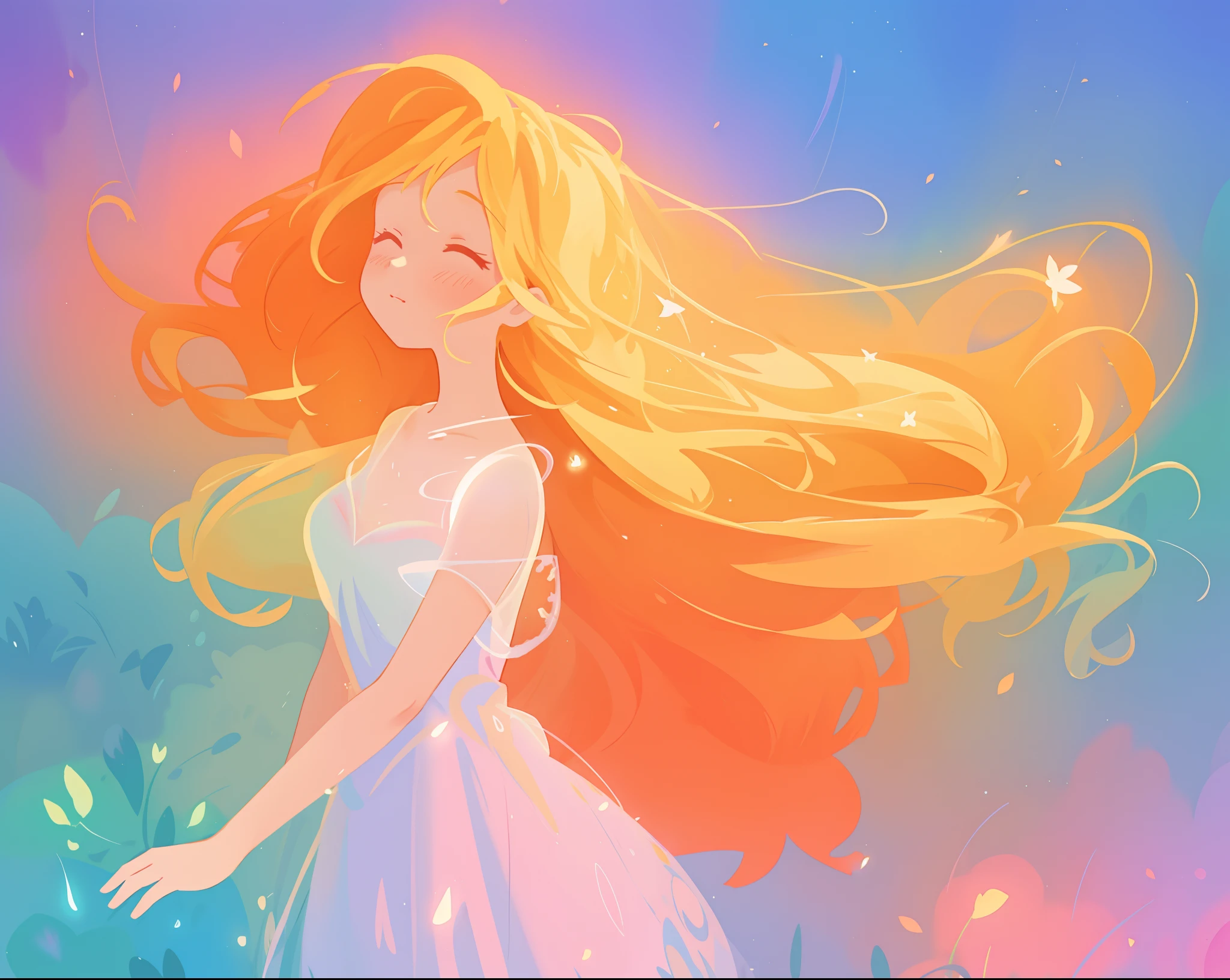 beautiful girl in flowing multi-layered dress, fairy dress, long golden hair, watercolor illustration, inspired by Glen Keane, inspired by Lois van Baarle, disney art style, by Lois van Baarle, glowing aura around her, by Glen Keane, jen bartel, glowing lights! digital painting, flowing glowing hair, glowing flowing hair, beautiful digital illustration, fantasia otherworldly landscape plants flowers, beautiful, masterpiece, best quality, anime disney style