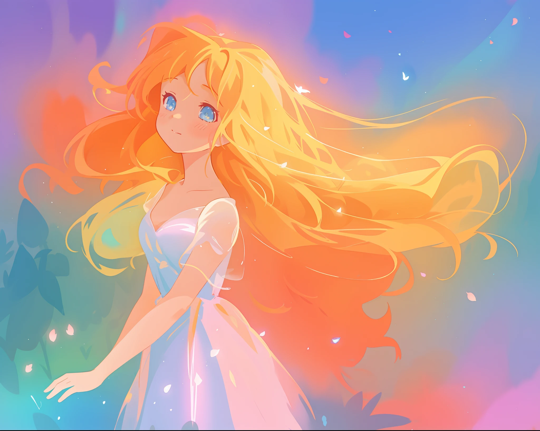beautiful girl in flowing multi-layered dress, fairy dress, long golden hair, watercolor illustration, inspired by Glen Keane, inspired by Lois van Baarle, disney art style, by Lois van Baarle, glowing aura around her, by Glen Keane, jen bartel, glowing lights! digital painting, flowing glowing hair, glowing flowing hair, beautiful digital illustration, fantasia otherworldly landscape plants flowers, beautiful, masterpiece, best quality, anime disney style