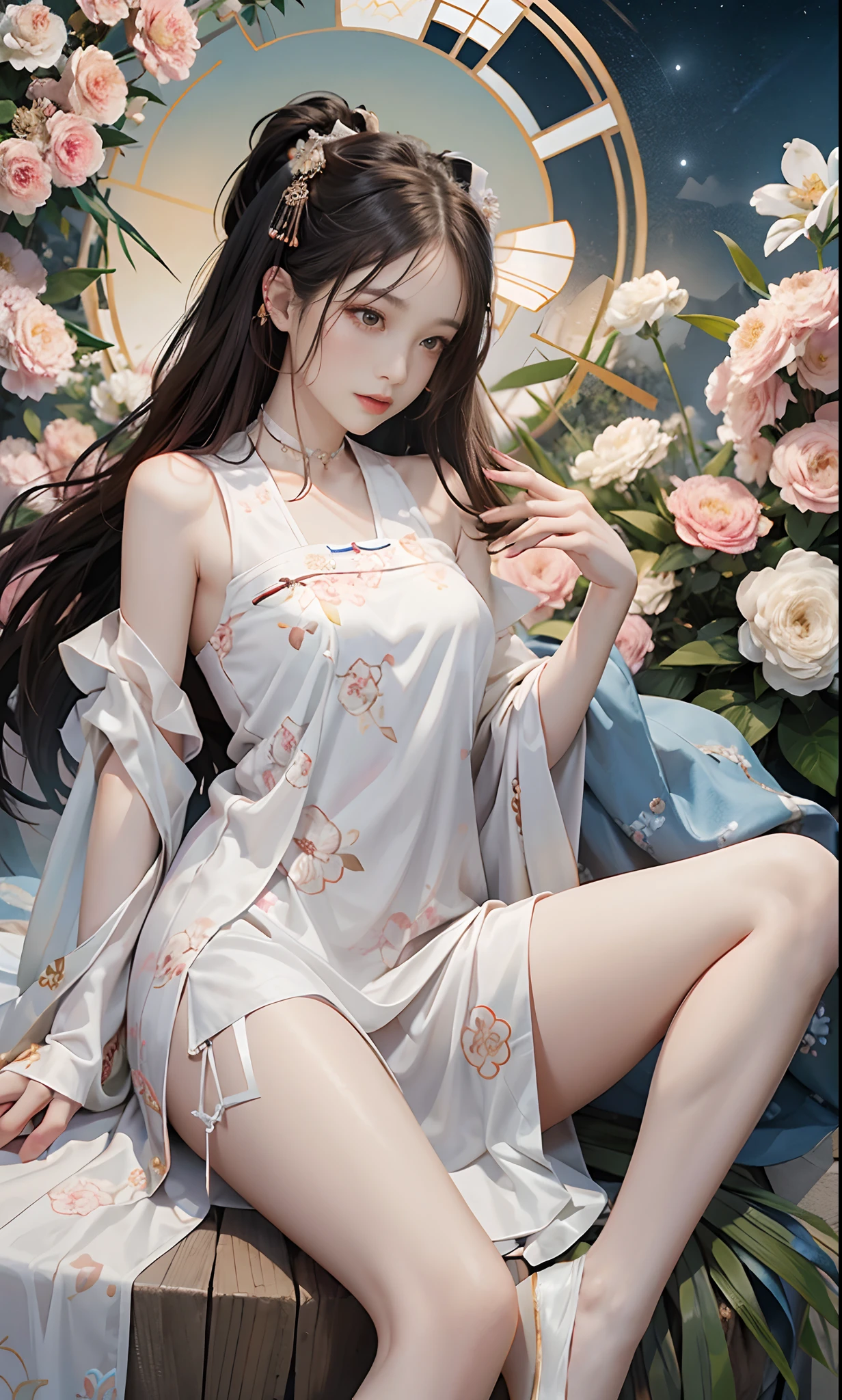Chinese style,((knee shot)), ((from below)), brown hair,Chinese outfit, Tang Feng Hanfu, Hanfu, (((White dress, Floral))), cropped shoulders,show legs, high-heels, outside, gazebo, Sit Pose, Cross ed leg, slender leg, Delicate face, Clear face, the night, rays of moonlight, a warm color palette, choker necklace, Hairpins, 耳Nipple Ring