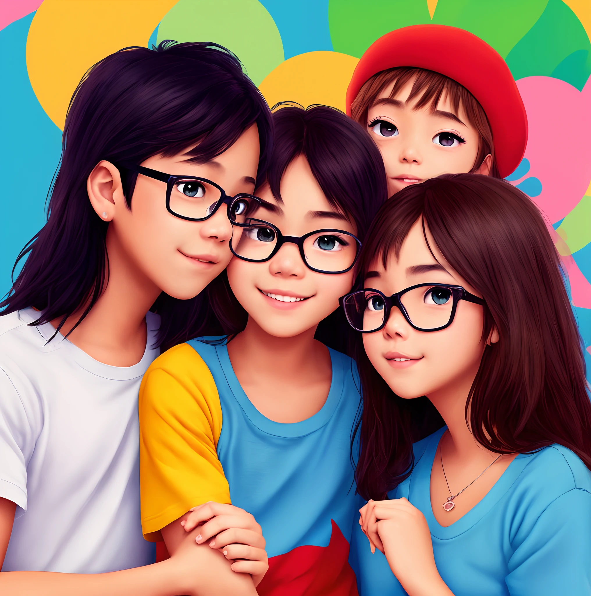 a disney pixar movie poster of a girl with brunette hair with green eyes holding hands with a filipino boy with glasses