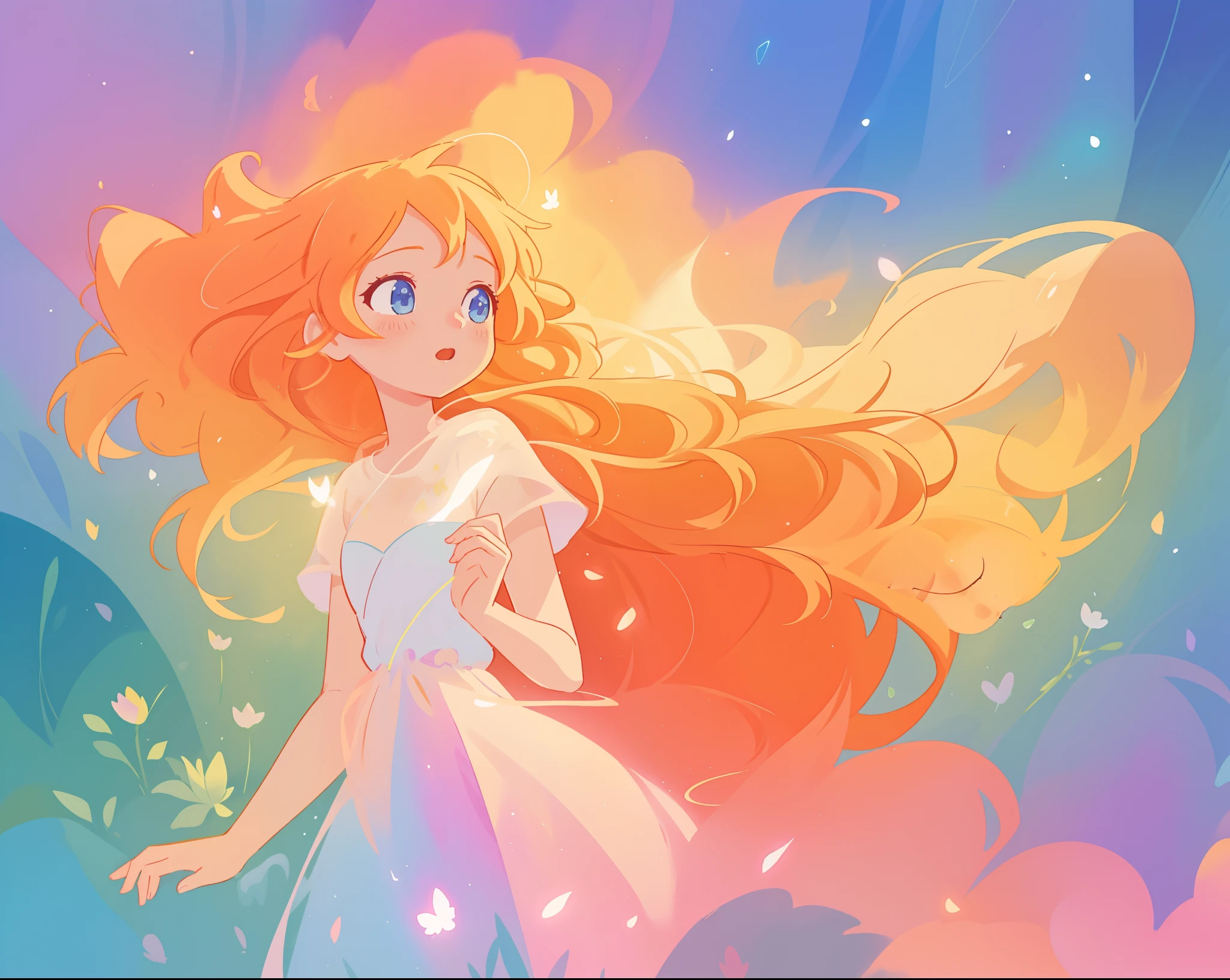 beautiful girl in flowing multi-layered dress, fairy dress, long golden hair, watercolor illustration, inspired by Glen Keane, inspired by Lois van Baarle, disney art style, by Lois van Baarle, glowing aura around her, by Glen Keane, jen bartel, glowing lights! digital painting, flowing glowing hair, glowing flowing hair, beautiful digital illustration, fantasia otherworldly landscape plants flowers, beautiful, masterpiece, best quality, anime disney style