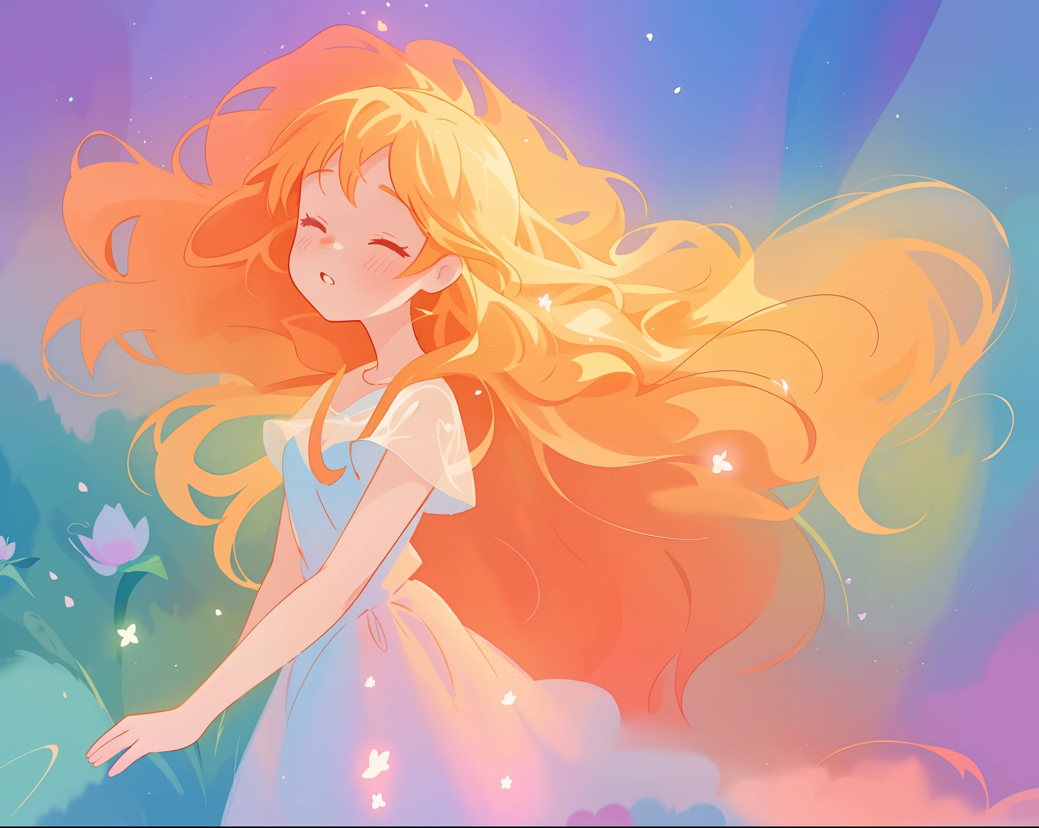 beautiful girl in flowing multi-layered dress, fairy dress, long golden hair, watercolor illustration, inspired by Glen Keane, inspired by Lois van Baarle, disney art style, by Lois van Baarle, glowing aura around her, by Glen Keane, jen bartel, glowing lights! digital painting, flowing glowing hair, glowing flowing hair, beautiful digital illustration, fantasia otherworldly landscape plants flowers, beautiful, masterpiece, best quality, anime disney style