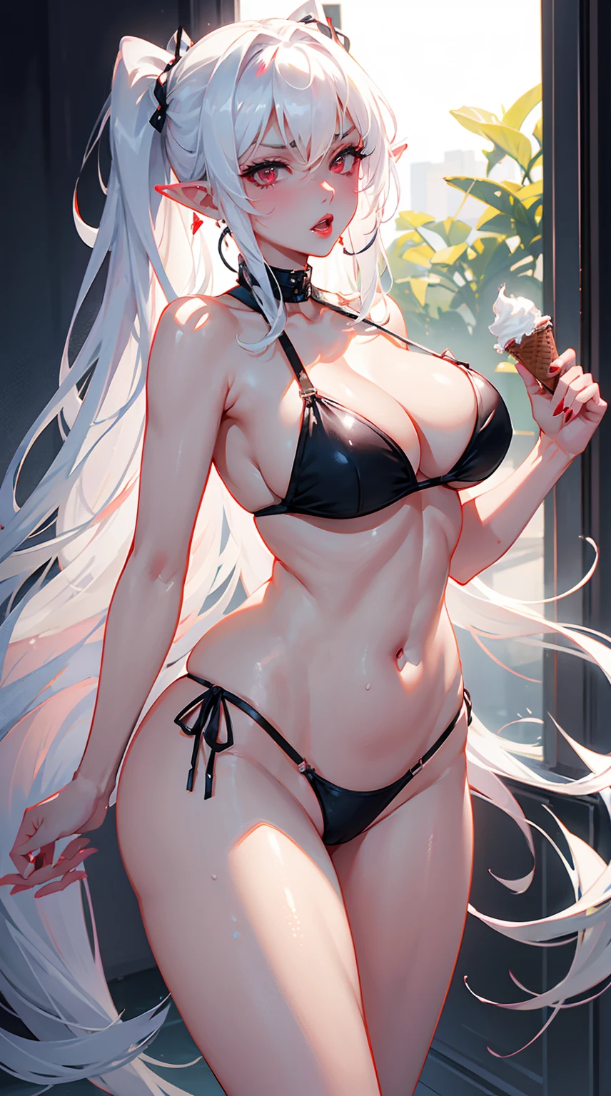 1 woman milf “"Giant breasts" + "large rear" + "wide hips" + "plump thighs" + "red eyes" + Pointy ears + eating ice cream erotically + (("serious expression")) + "Long white Hair in a two ponytails" + "Red Lips" + "Lucious Lips"”)}, {“Outfit”: black bikini})