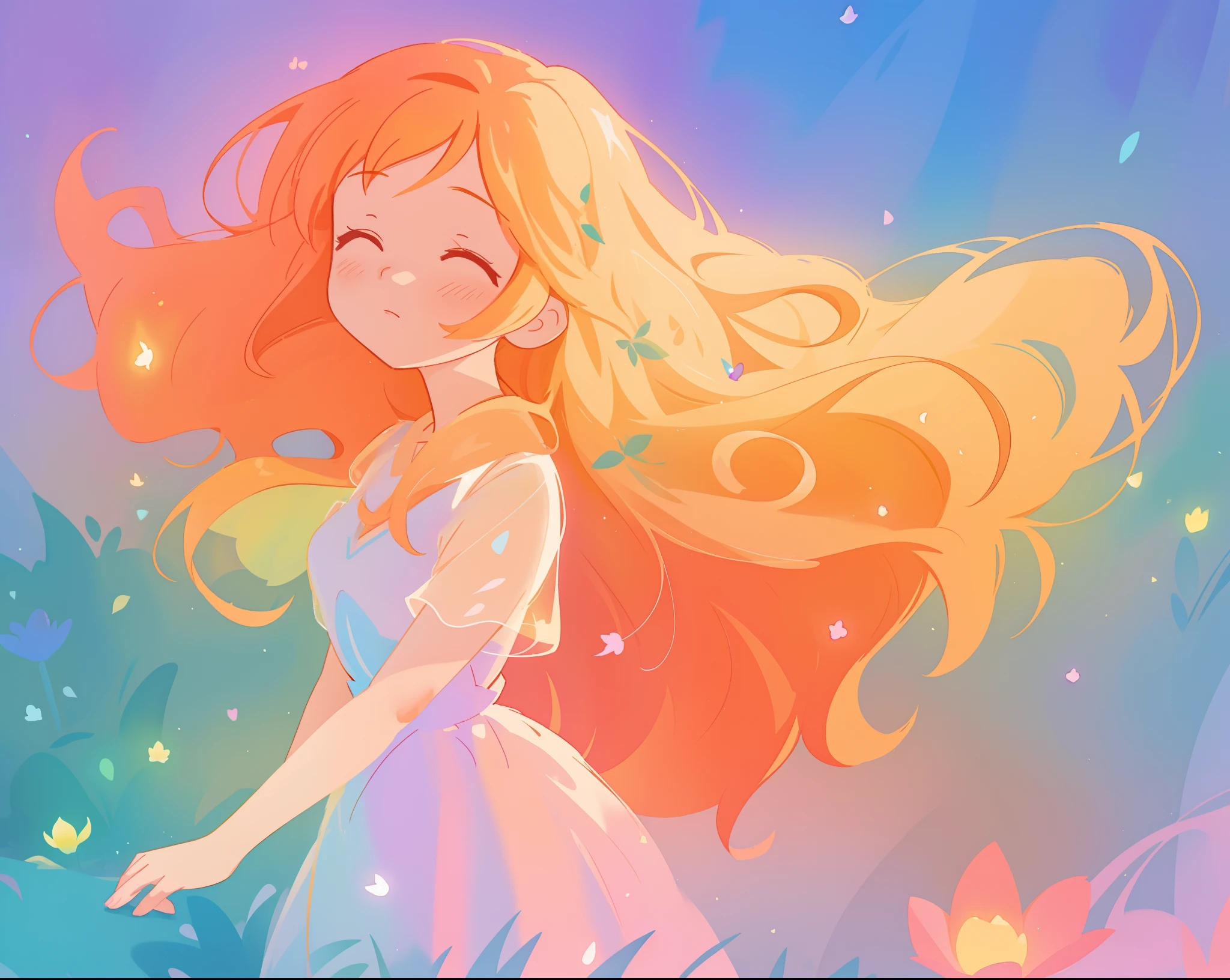 beautiful girl in flowing multi-layered dress, fairy dress, long golden hair, watercolor illustration, inspired by Glen Keane, inspired by Lois van Baarle, disney art style, by Lois van Baarle, glowing aura around her, by Glen Keane, jen bartel, glowing lights! digital painting, flowing glowing hair, glowing flowing hair, beautiful digital illustration, fantasia otherworldly landscape plants flowers, beautiful, masterpiece, best quality, anime disney style