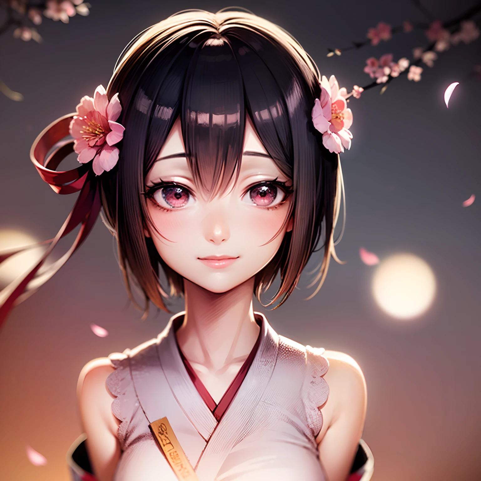 (masutepiece:1.3), (8K, Photorealistic, Raw photo, Best Quality: 1.4),A path lined with flourishing cherry blossom trees, Sakura Miku,a person, (1 girl),25 years old, Beautiful face, (Realistic face), (Black hair, Short hair:1.3), Beautiful hairstyle, Realistic eyes, Beautiful eyes, Beautiful eyes, (Realistic skin), Beautiful skin, Attractive, Ultra high definition, High Definition, close up, Portrait, Golden ratio, Detal Face, Look at the beholder, Smile, (Shoulder Look), Middle chest,