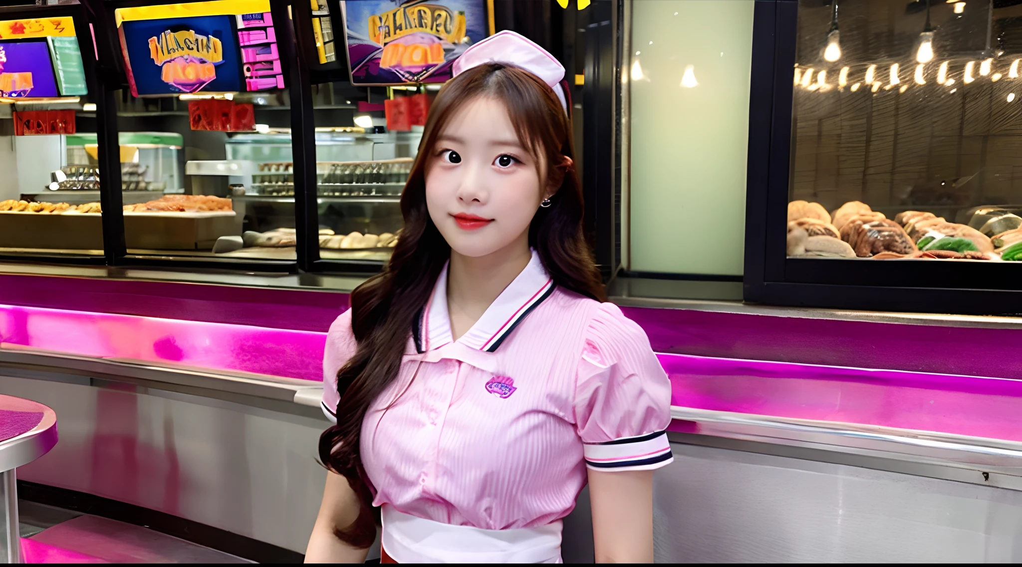 18-year-old waitress in a pink miniskirt