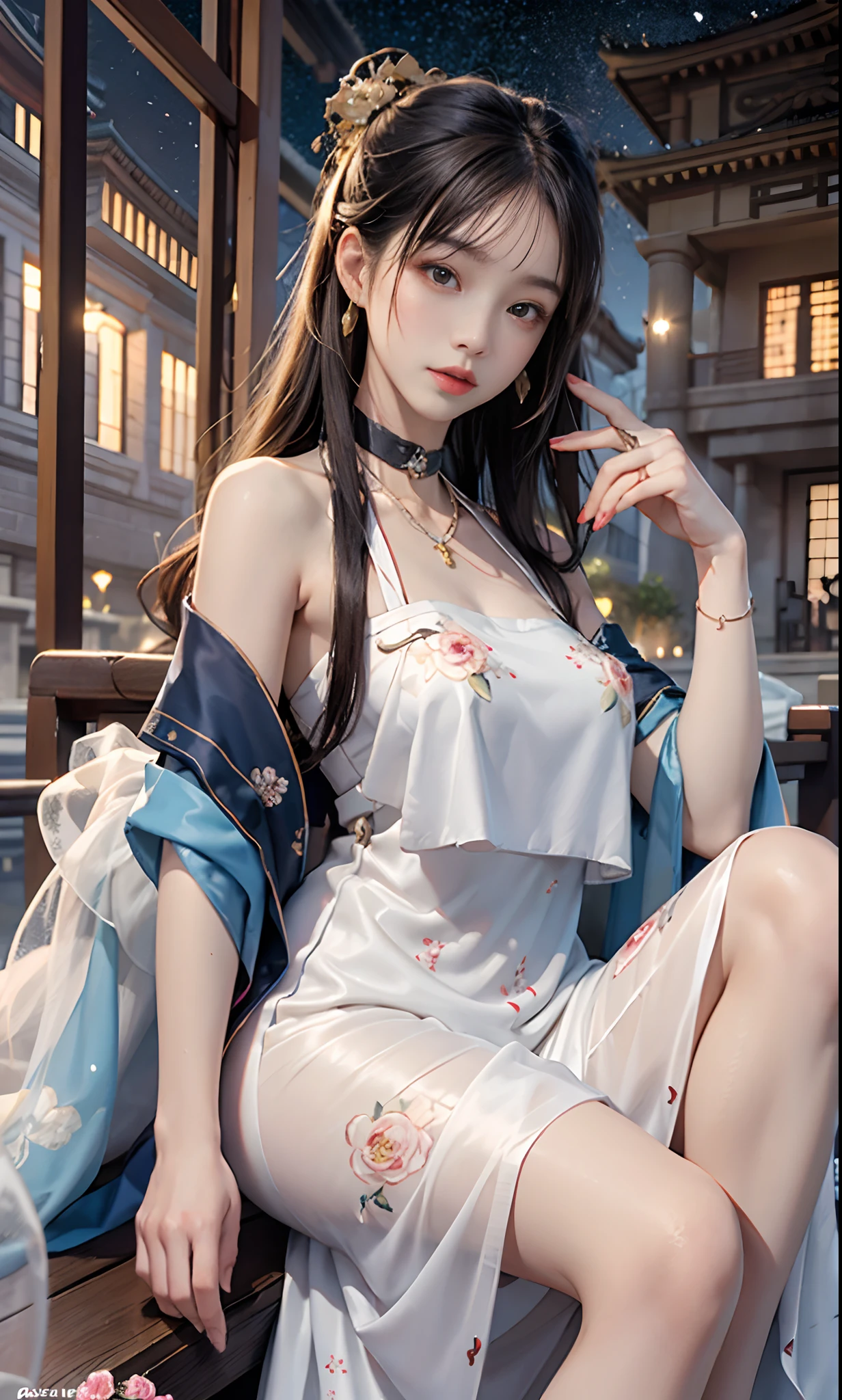 Chinese style，((knee shot)), ((from below)), brown  hair，Chinese outfit, Tang Feng Hanfu, Hanfu, (((White dress, Floral))), cropped shoulders，show legs, high-heels， outside, gazebo, Sit Pose, sitting on a bench, With your back against the pillar, Cross ed leg, slender leg, Delicate face, Clear face, the night, rays of moonlight, a warm color palette, choker necklace, Hairpins, 耳Nipple Ring