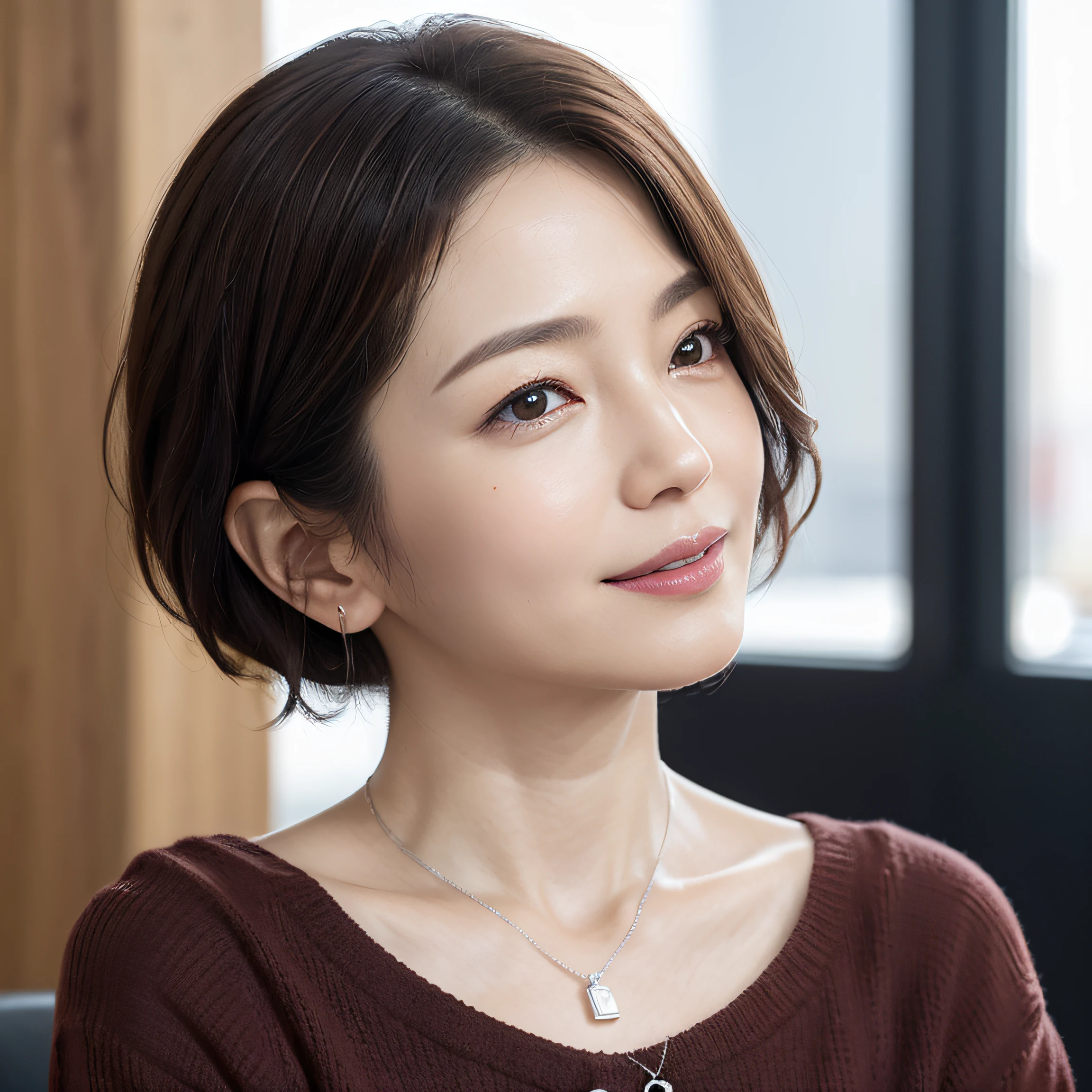 (8K, top-quality, masterpiece:1.3, 超A high resolution, A hyper-realistic), High Detail, (Face like the real thing), Photorealsitic, Raw foto, ((one beautiful women)), Detailed face, beautidful eyes, realisticeyes, Eyes in Beautiful Details, (real looking skin), Beautiful skins, enticing, depth of fields, hight resolution, High pixel count, ((Sideways face, Looking away, Don't look your audience in the eye, Don't look at the camera)), fashionable cafe, The background is also in the picture, clear details, sharp photo, Natural color reproduction, Noise Reduction, High fidelity, Small pendant in silver color, A small necklace in silver color, (Wine-colored light knit U-neck shirt, Neat and clean clothing, Clothing that makes it difficult to see the chest, Clothing that makes it difficult to see the chest, Clothes with hidden breasts), small tits, Sexy lips, Ears are visible, a smile, kindly smile, Beautiful skins, enticing, the golden ratio, (Detal Face:1.2), profetional lighting, Lighting the face, best light, japanes, A Japanese Lady, Japan Mature Woman, a matural female, Short Bob Hair, ((sixty years old, Beautiful, Wrinkles on the face, Wrinkles at the corners of the eyes, Nasolabial fold wrinkles, Small wrinkles, Beautiful, Beautiful Aunt, Moderate moles, Small mole on the face))