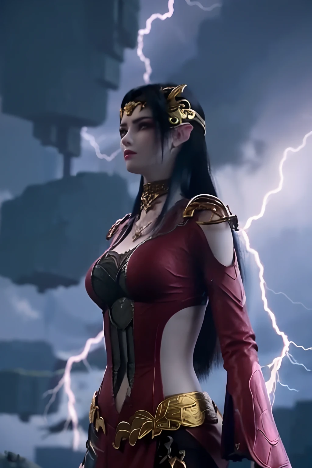 The sky was surrounded by purple lightning,Ultra-sharp 8K details,Long black hair,Do not expose,Lightning surrounds the character,full bodyesbian,