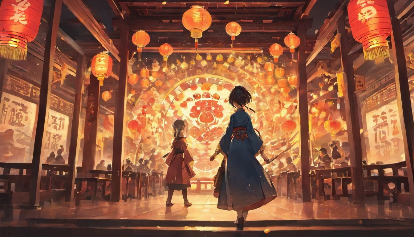 New Year,Chinese-style teaching building,nigh sky,decorations,book,There are multiple people