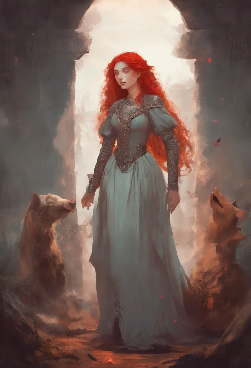 In the Middle Ages, Girl with red hair,Served by four princes. 8K, Highest quality, style of surrealism,