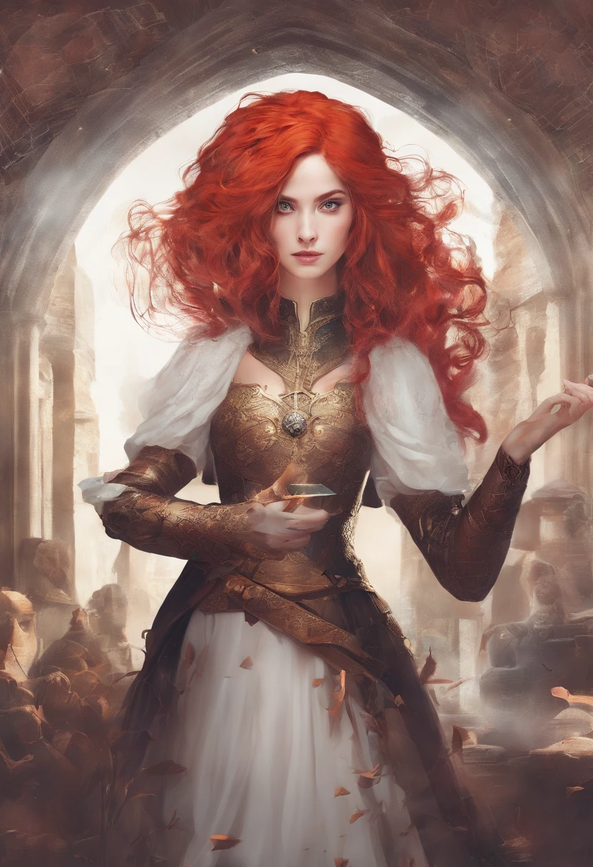 In the Middle Ages, Girl with red hair,Served by four princes. 8K, Highest quality, style of surrealism,