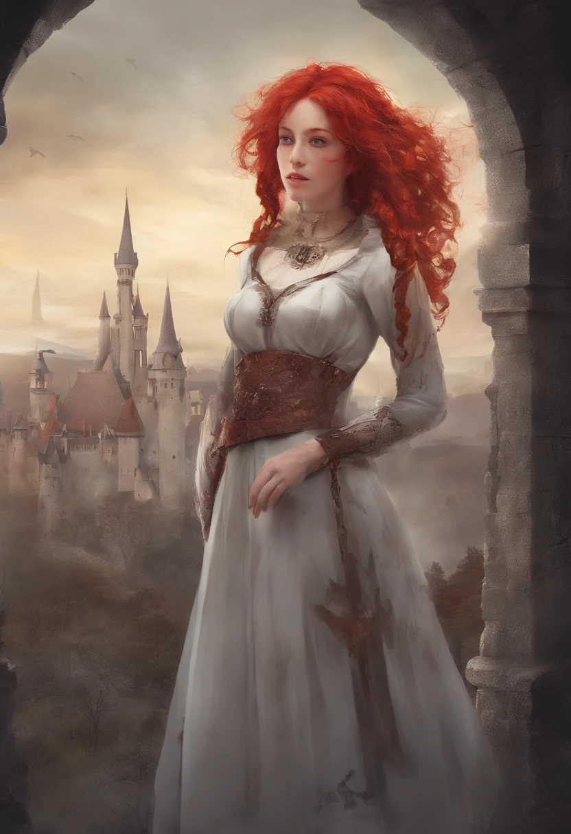 In the Middle Ages, Girl with red hair，Served by four princes. 8K, Highest quality, style of surrealism,