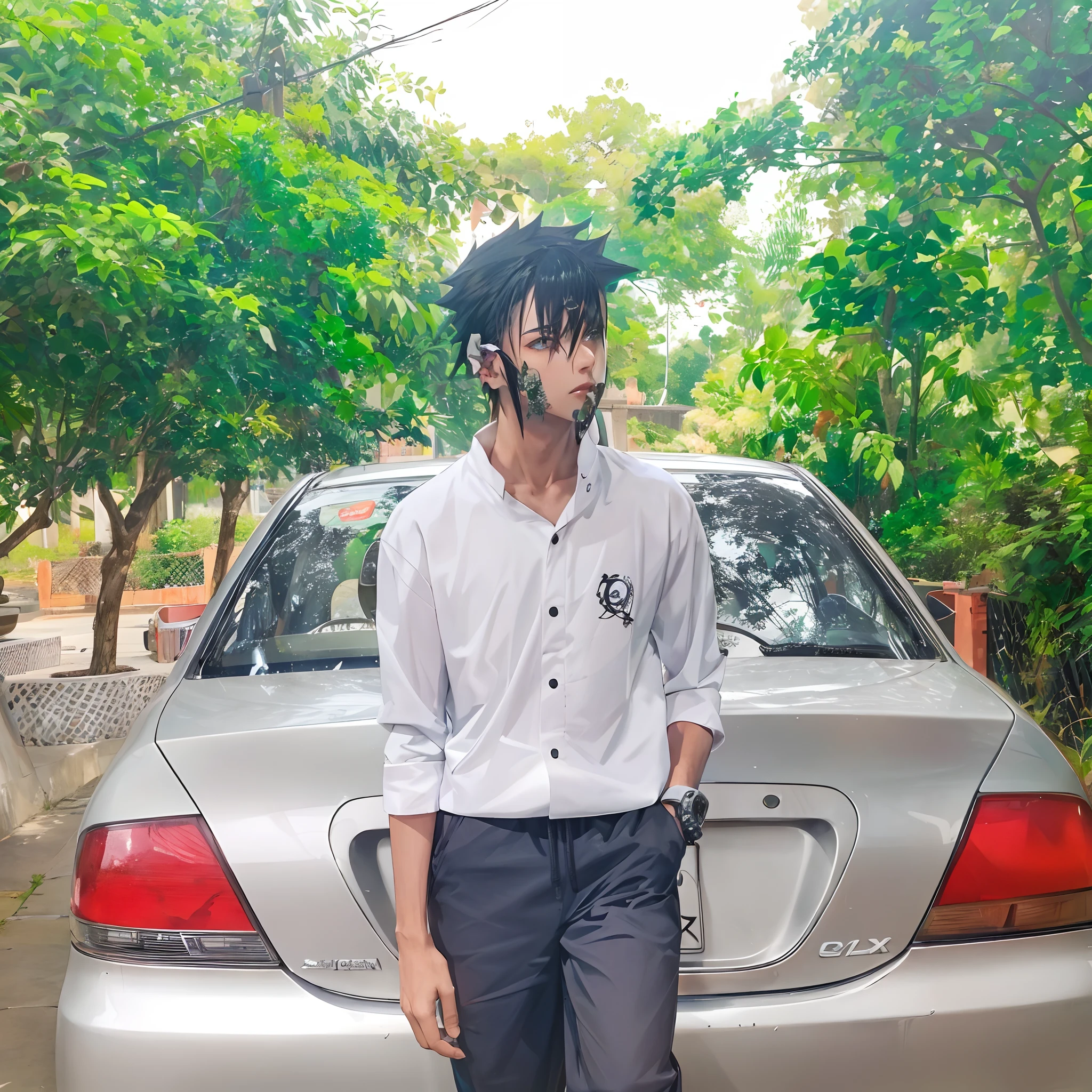 Masterpiece, 1boy, Superb Style, Urban Streetwear chothes, Outdoor, Upper Body, Uchiha Sasuke, bright eyes, black hair, cool boy