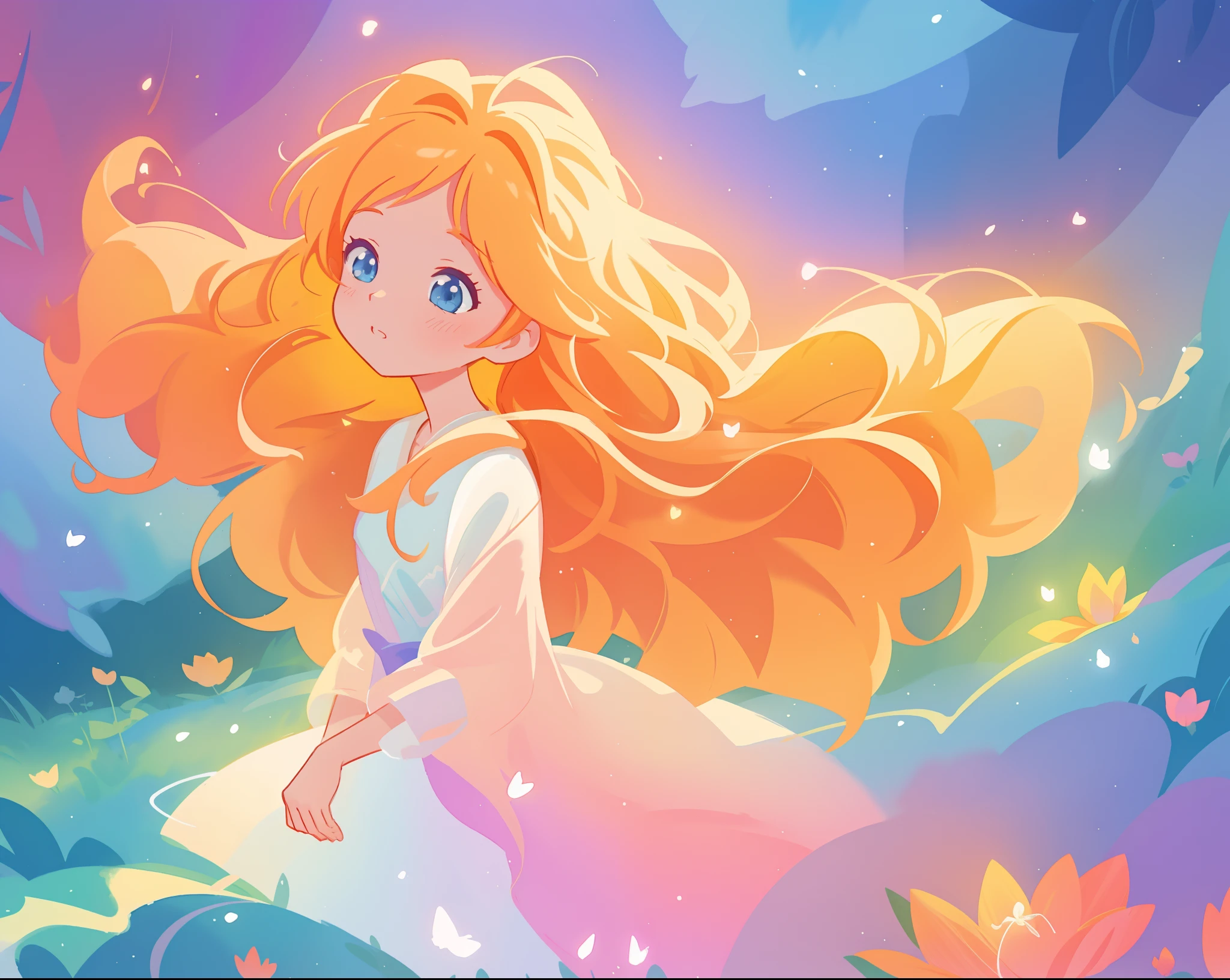 beautiful girl in flowing multi-layered dress, fairy dress, long golden hair, watercolor illustration, inspired by Glen Keane, inspired by Lois van Baarle, disney art style, by Lois van Baarle, glowing aura around her, by Glen Keane, jen bartel, glowing lights! digital painting, flowing glowing hair, glowing flowing hair, beautiful digital illustration, fantasia otherworldly landscape plants flowers, beautiful, masterpiece, best quality, anime disney style