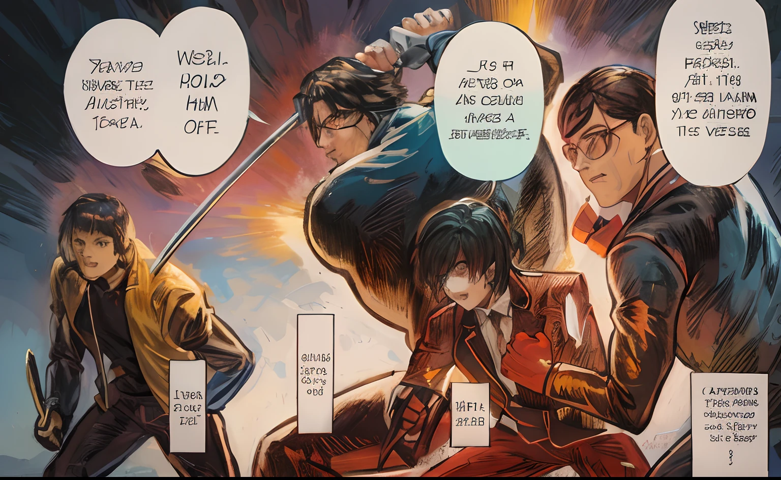a cartoon of a group of people with swords and a comic strip, Panel de manga