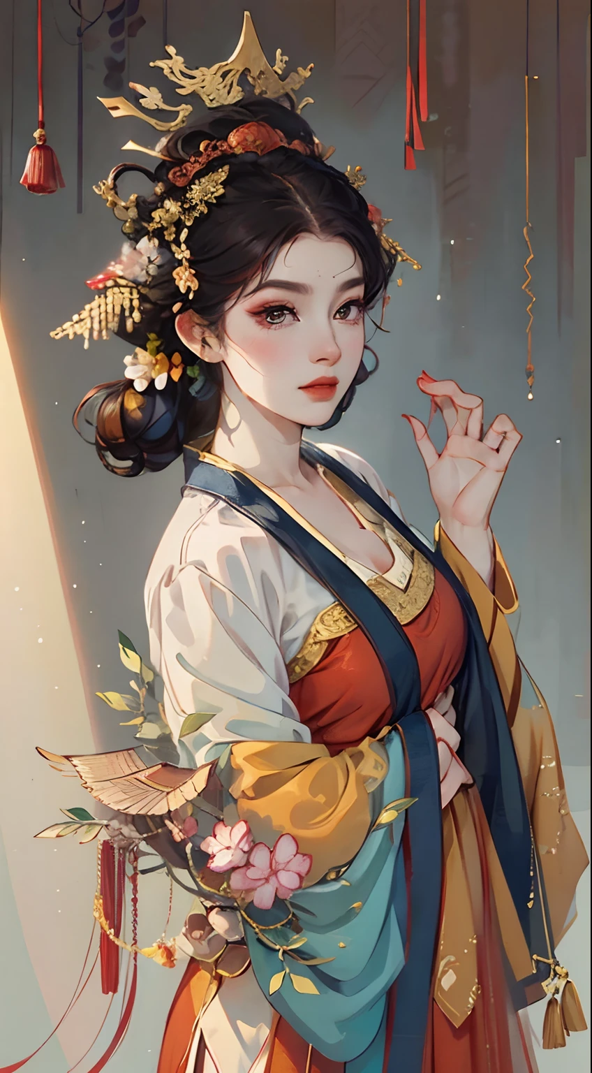 Chinese illustration, In the picture, An ancient woman dressed in red, The background is the lights of ten thousand homes, hair adornments, Depth of field, Cinematic lighting, god light, back lit lighting, High detail, hyper HD, Masterpiece, A high resolution