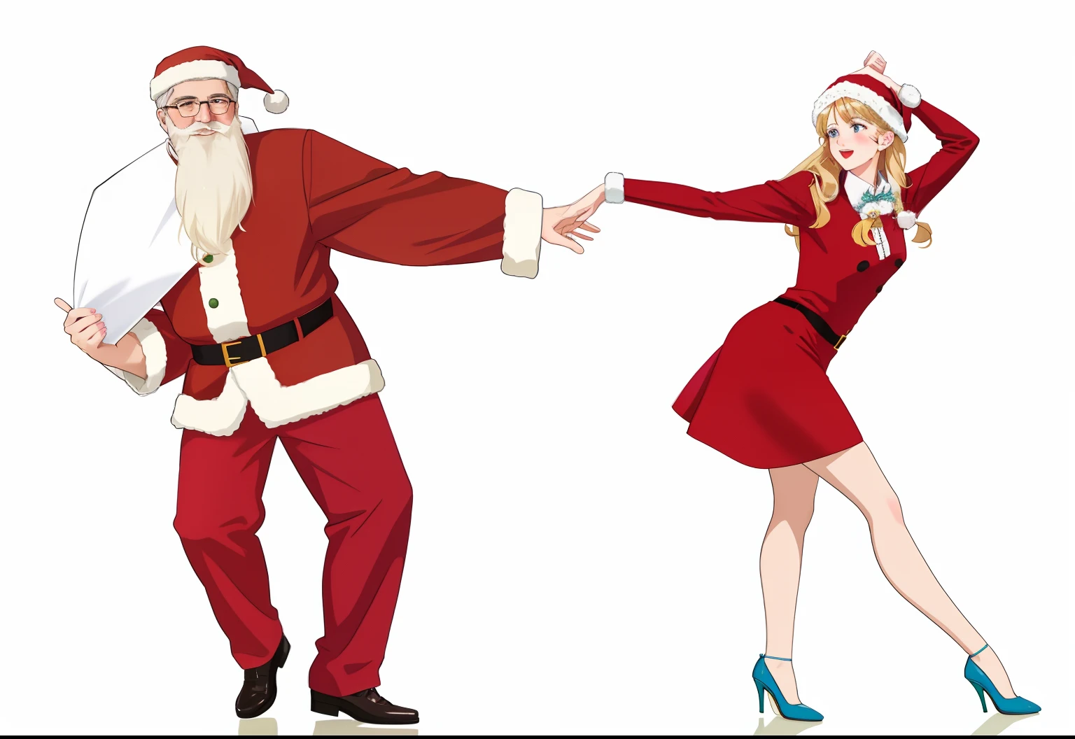 A man and a woman dressed as Santa Claus are dancing, santa, author：Hugh Hughes, wearing festive clothing, santa, festivity, illustration!, leaked image, author：Thomas Dazier, couple dancing, santa, promo art, author：Harold Elliot, author：Robert Medley, author：Gene Davis, concept piece, illustration], By senior artists, she is dancing. Realistic