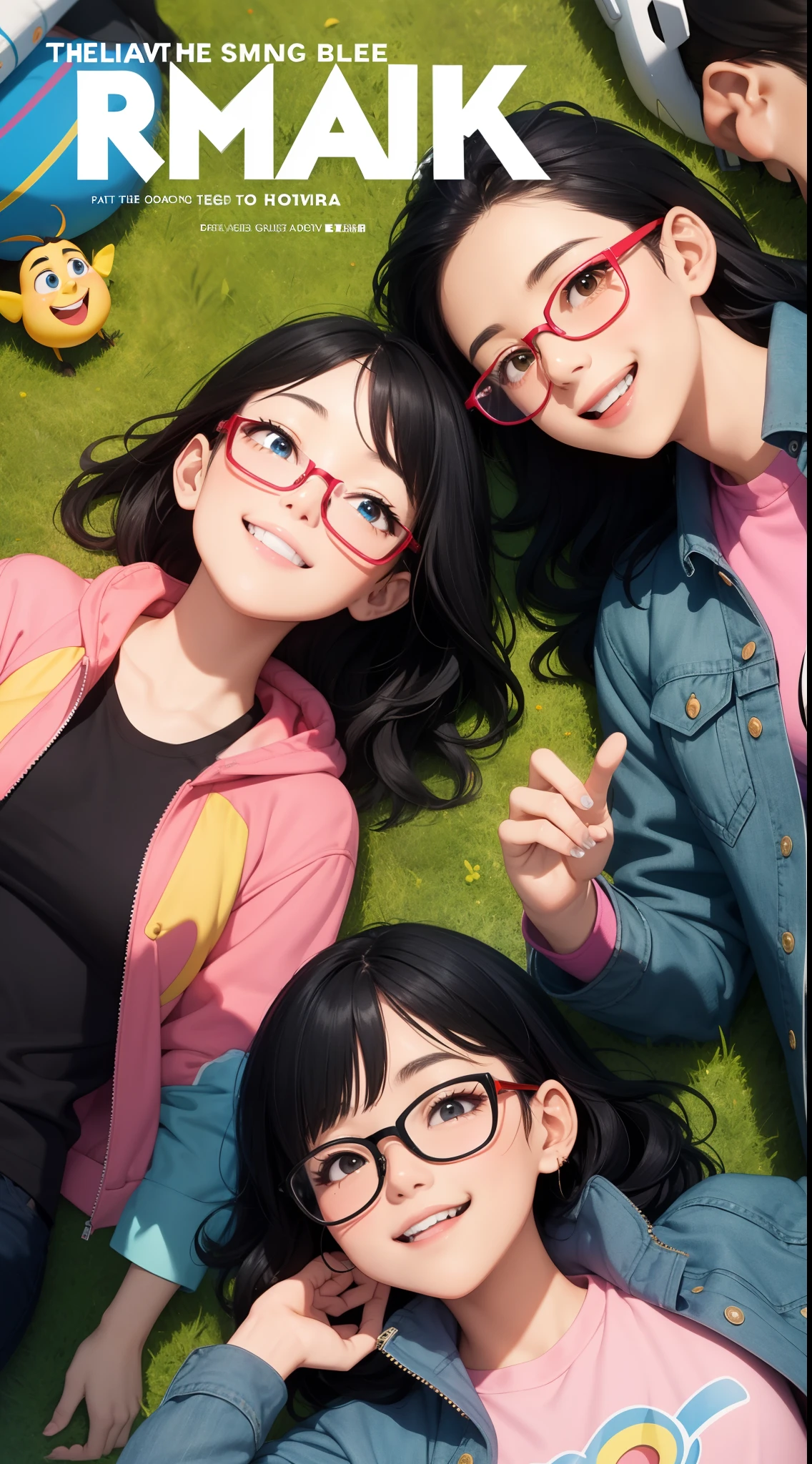 pixar inspired movie poster, asian guy with slim face and high cheekbones. he is wearing a red rimmed glasses and has short black hair with a blue jacket. he is smiling, laying on the left side next to a girl with black wavy hair, she is wearing a pink shirt and black jacket, smiling,  both lying on grass under the sky