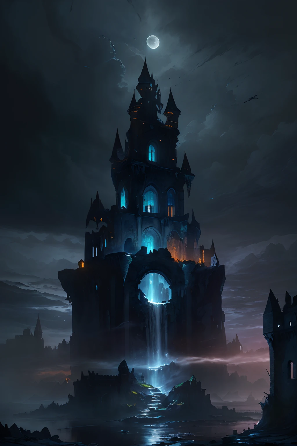 A castle with a waterfall in the middle of it at night - SeaArt AI