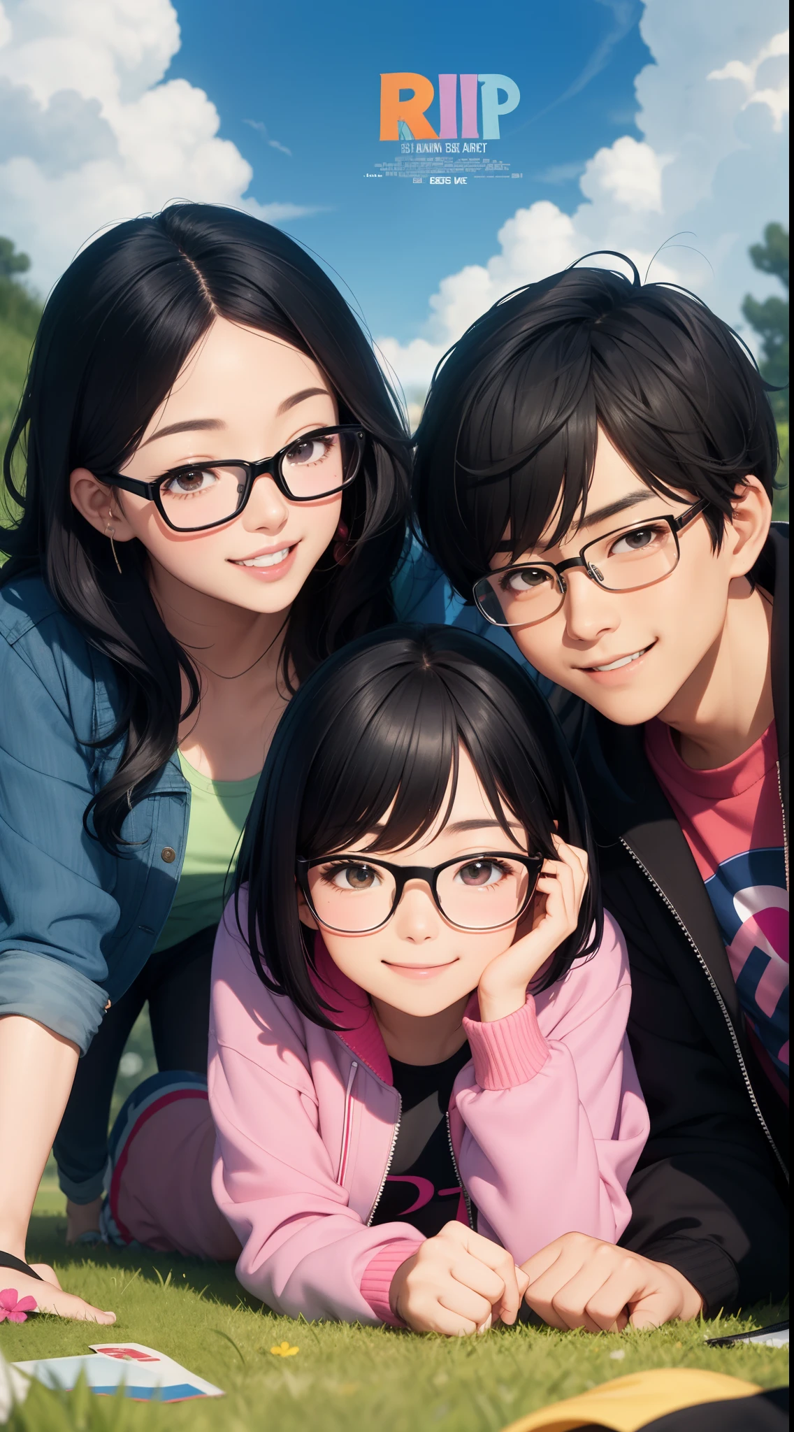 pixar inspired movie poster, asian guy with slim face and high cheekbones. he is wearing a red rimmed glasses and has short black hair with a blue jacket. he is smiling, laying on the left side next to a girl with black wavy hair, she is wearing a pink shirt and black jacket, smiling,  both lying on grass under the sky