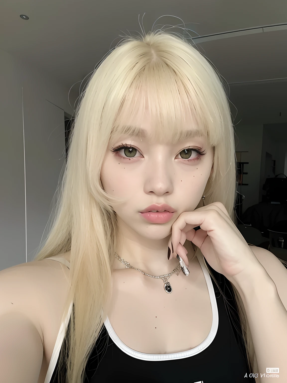 Menina loira com cabelo longo e uma regata preta posando para uma foto, Retrato de Jossi de Blackpink, very very pale blond hair, Lalisa Manobal, pale glowing skin, extremely pale blond hair, Parque Roseanne do Blackpink, pale porcelain white skin, longos cabelos brancos e franja, Ulzzang, Fotografia selfie 8k, Lalisa Manoban do Blackpink