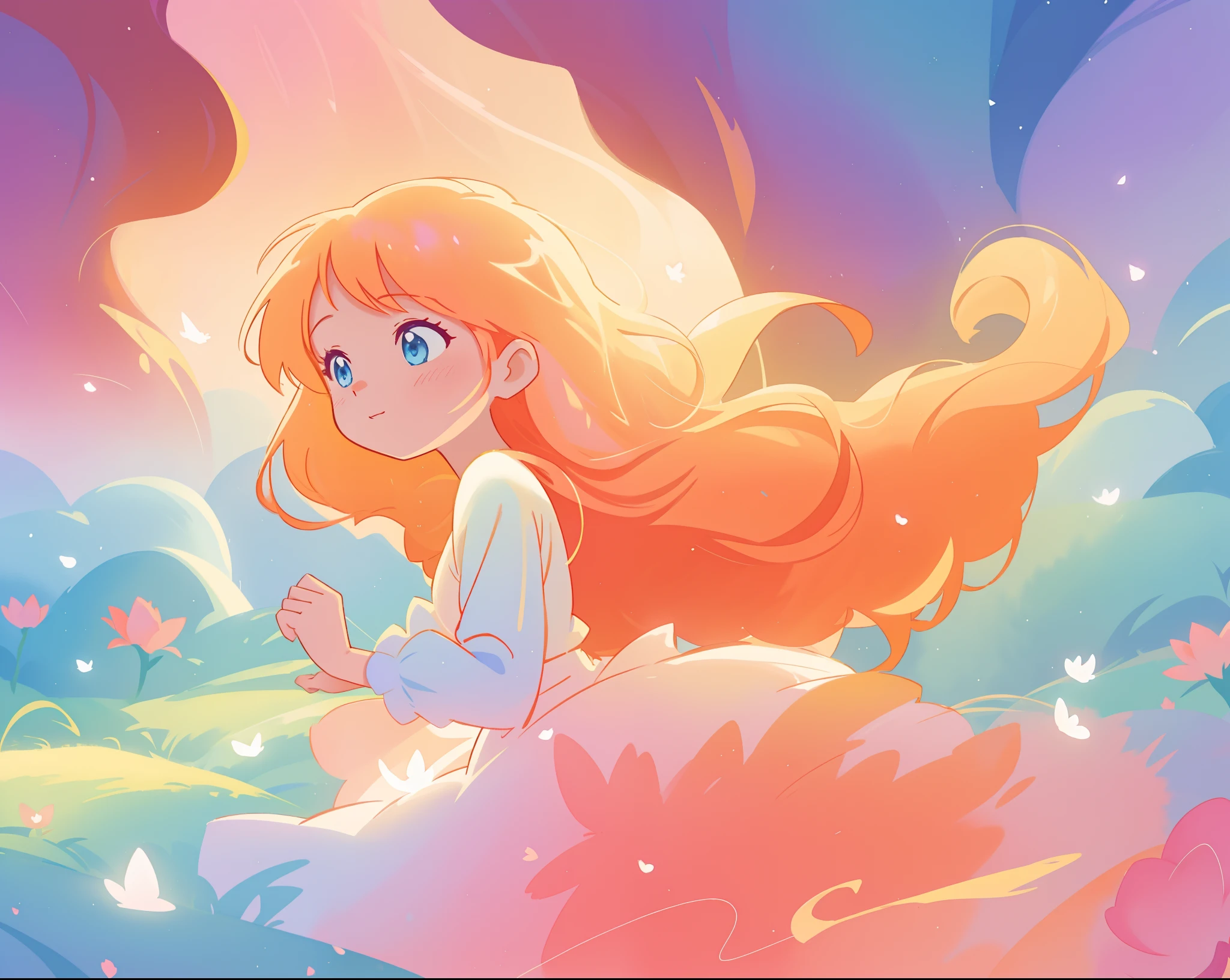 beautiful girl in flowing multi-layered dress, fairy dress, long golden hair, watercolor illustration, inspired by Glen Keane, inspired by Lois van Baarle, disney art style, by Lois van Baarle, glowing aura around her, by Glen Keane, jen bartel, glowing lights! digital painting, flowing glowing hair, glowing flowing hair, beautiful digital illustration, fantasia otherworldly landscape plants flowers, beautiful, masterpiece, best quality, anime disney style