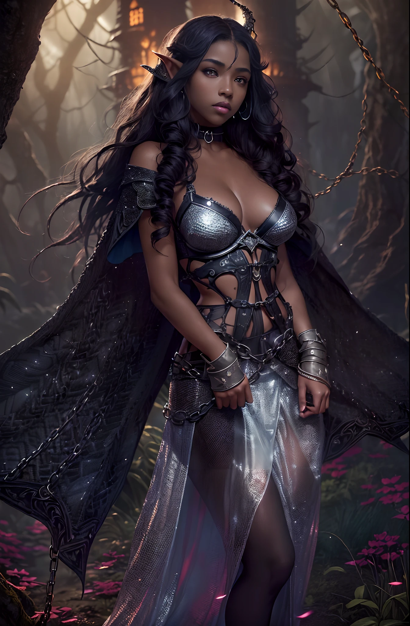 ((18-year-old))), black girl, (((light skin))), (((full body pose))), (((long curly black hair))), (((wearing tight, elven chainmail micromini skirt, chainmail bra, open front cloak, wings))), (((seamless, black, pantyhose))), sorceress, standing in the dark woods at night, moonlight shining through the dense canopy, (((dark castle in the background))), dark fantasy, Gothic, Rich, Deep Colours, (intricate details:0.9), (HDR, hyper-detailing:1.2), (natural skin textures, hyper realisitc, glistening skin, soft light, Sharp),