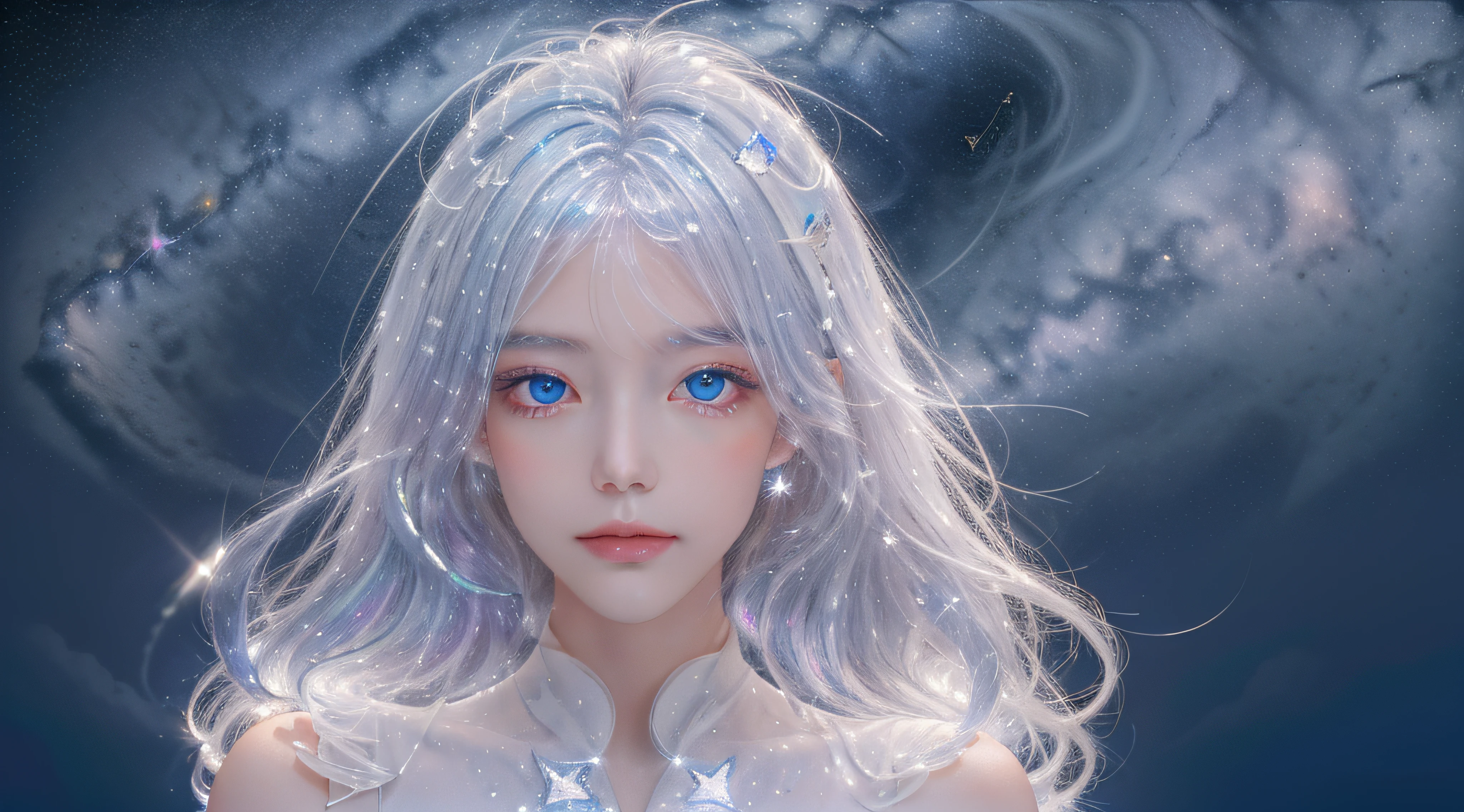 Masterpiece, Best quality,A high resolution, 1girll, Long_White_Hair, Stars in Eyes, See_Through, (((shimmering dazzling lighting))), (luminous), detailed shadow, meteors, stars, milky ways, Starcloud, Star in white dress, Messy floating hair, Colored inner hair, Starry sky adorns hair, Chiffon, rip, stars, White theme