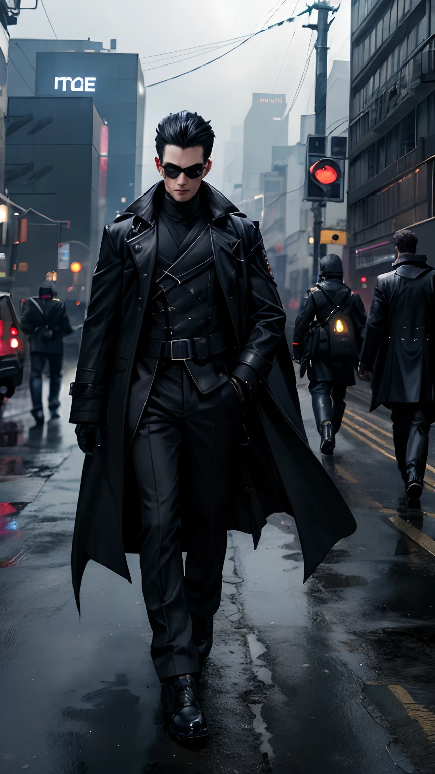 A man wearing a black coat and black trousers walked across the bridge., Tech-savvy long coat, He was wearing a black coat., Photos of the film series, Fashion Cyberpunk Clothing, Coat and suit, Square Enix's playstyle, Neo from The Matrix, Based on Yamagatahiro, All Black Cyberpunk Clothing, Shoot full-length movies, Fashion Cyberpunk Clothing