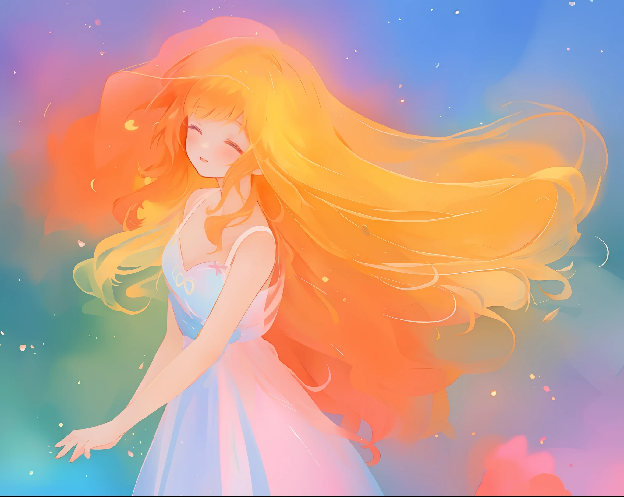 beautiful girl in flowing multi-layered dress, fairy dress, long golden hair, watercolor illustration, inspired by Glen Keane, inspired by Lois van Baarle, disney art style, by Lois van Baarle, glowing aura around her, by Glen Keane, jen bartel, glowing lights! digital painting, flowing glowing hair, glowing flowing hair, beautiful digital illustration, fantasia otherworldly landscape plants flowers, beautiful, masterpiece, best quality, anime disney style