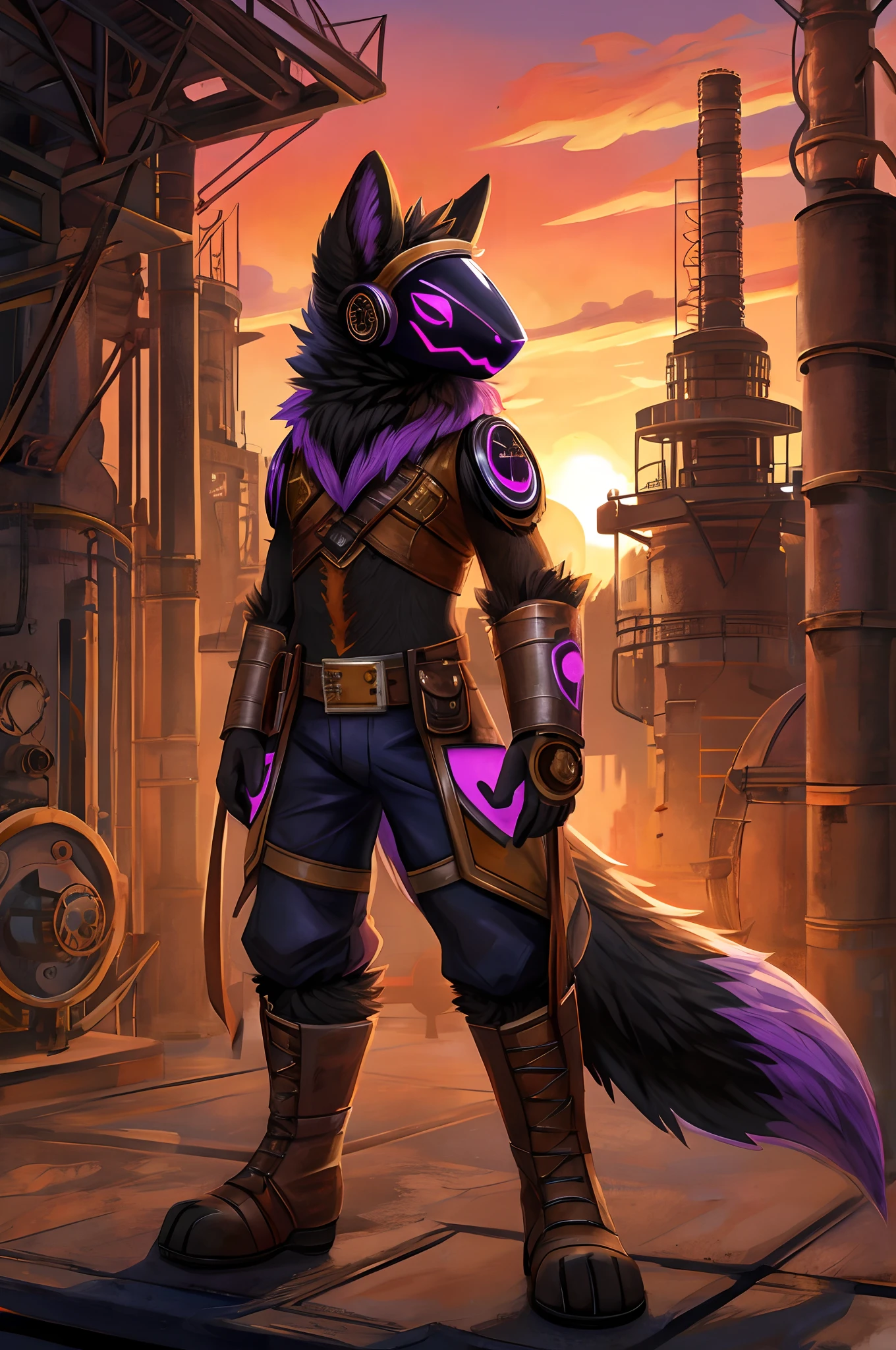 Protogen, furry art, masterpiece, great anatomy, black fur, neon purple details, detailed background, industrial revolution, sunset, fluffy tail, male, wearing a steampunk engineer outfit, solo, steam engine, steampunk