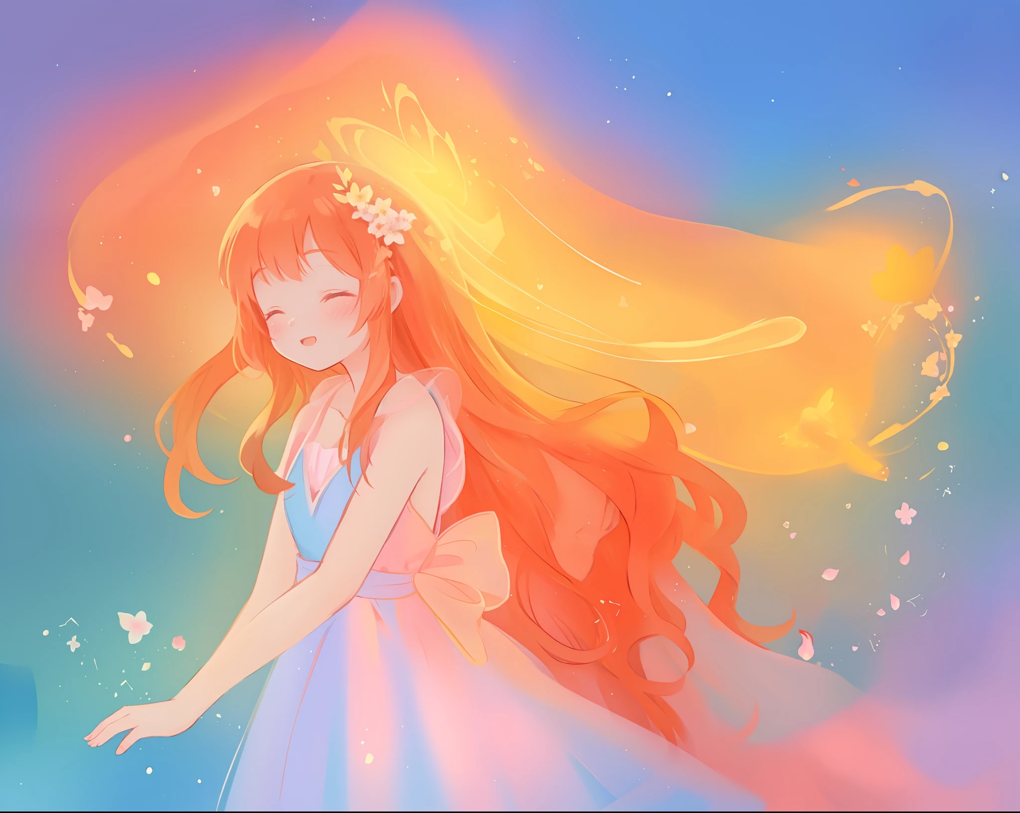 beautiful girl in flowing multi-layered dress, fairy dress, long golden hair, watercolor illustration, inspired by Glen Keane, inspired by Lois van Baarle, disney art style, by Lois van Baarle, glowing aura around her, by Glen Keane, jen bartel, glowing lights! digital painting, flowing glowing hair, glowing flowing hair, beautiful digital illustration, fantasia otherworldly landscape plants flowers, beautiful, masterpiece, best quality, anime disney style