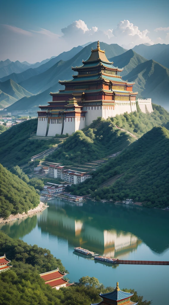 Chinese folktale, Chinese movie poster, blue-green, flat brushstrokes, Thomas w. schaller, echo chernik, agfa vista style, potala palace on van jung
mountain, delicate brushstrokes, chic architecture, elba island style, calm and contemplative