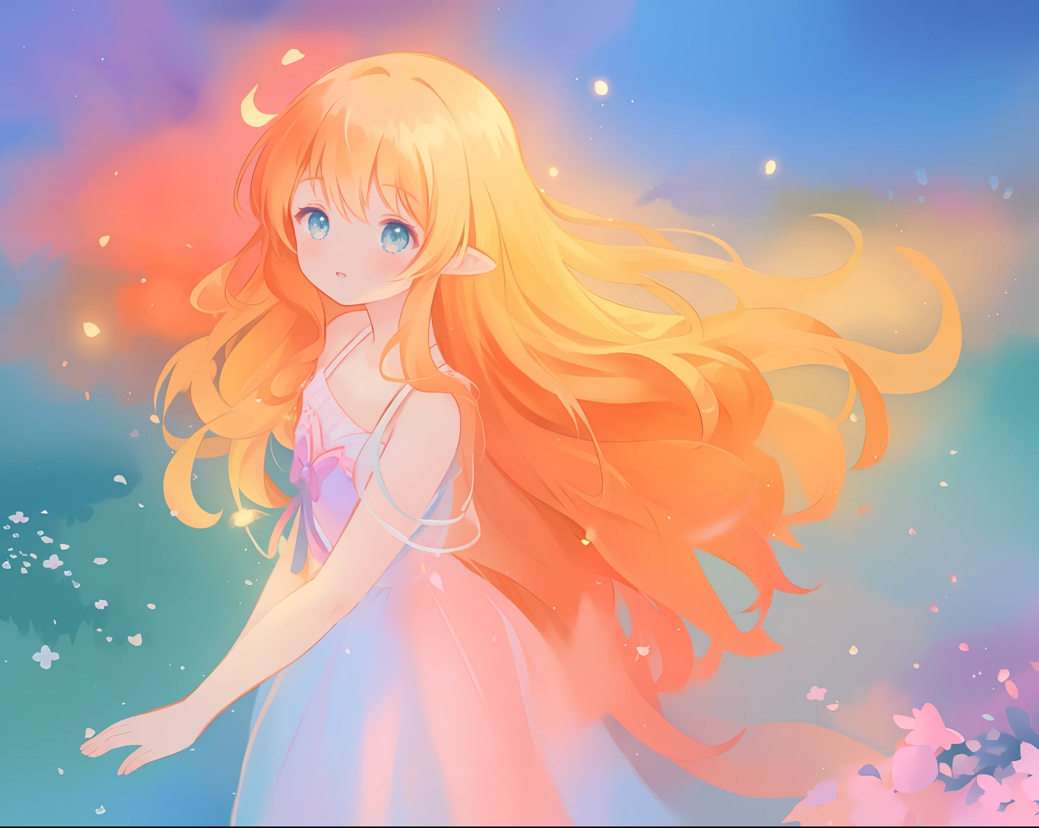 beautiful girl in flowing multi-layered dress, fairy dress, long golden hair, watercolor illustration, inspired by Glen Keane, inspired by Lois van Baarle, disney art style, by Lois van Baarle, glowing aura around her, by Glen Keane, jen bartel, glowing lights! digital painting, flowing glowing hair, glowing flowing hair, beautiful digital illustration, fantasia otherworldly landscape plants flowers, beautiful, masterpiece, best quality, anime disney style