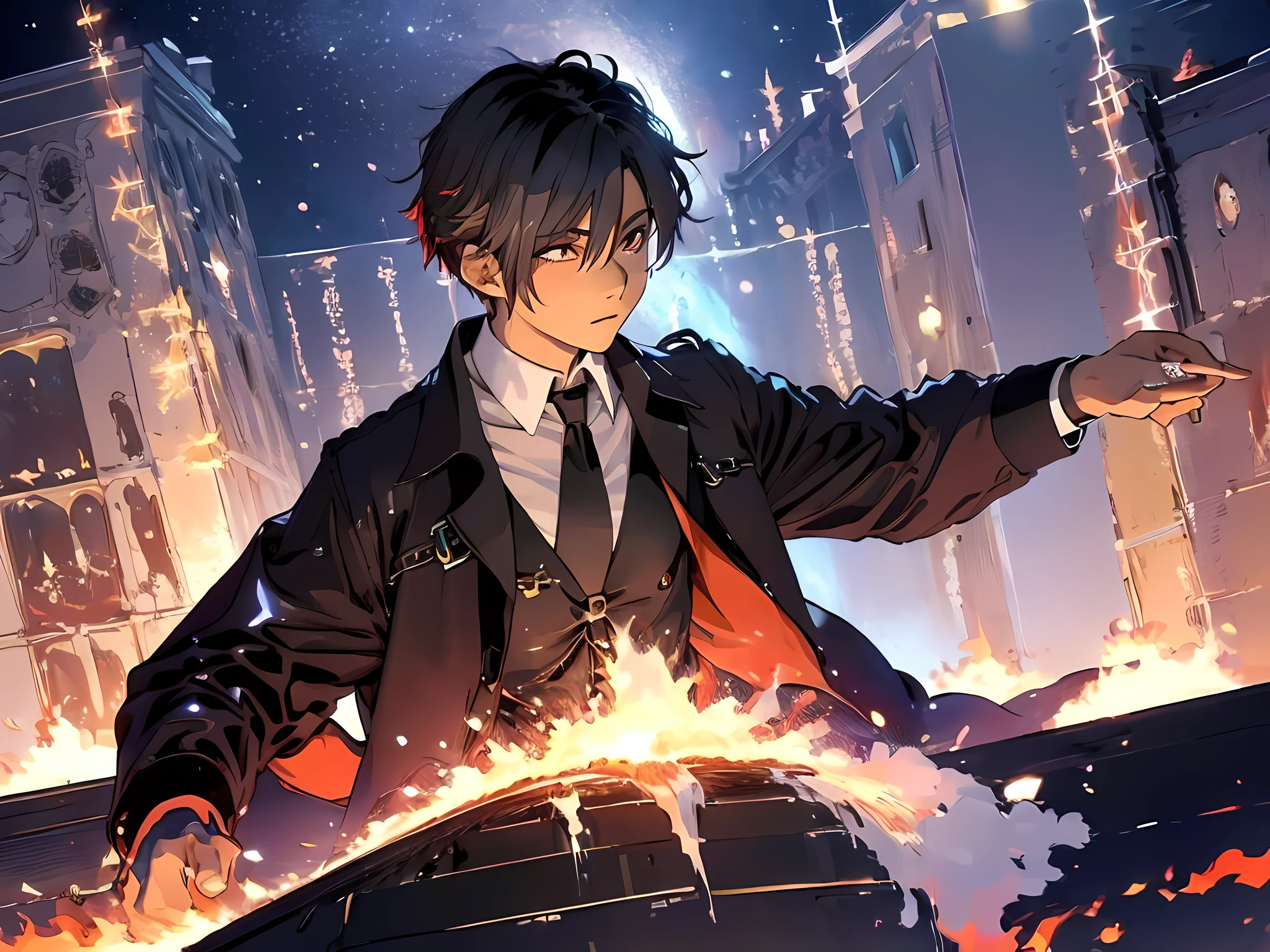 (ultra-detailed, perfect pixel, highres, best quality, beautiful eyes finely detailed), 19 years old anime boy, short raven hair, wavy hair, parted bangs, gray hair, gradient hair color, casting a powerful spell, magus, red eyes, long black coat, black shirt, ((neckwear, long tie)), black skirt, aristocrat, noble attire, beautiful, ethereal, elegant, prestigious, the background is full of magical particles and realistic blue fire, realistic fire also swirling around him. Ray tracing.
