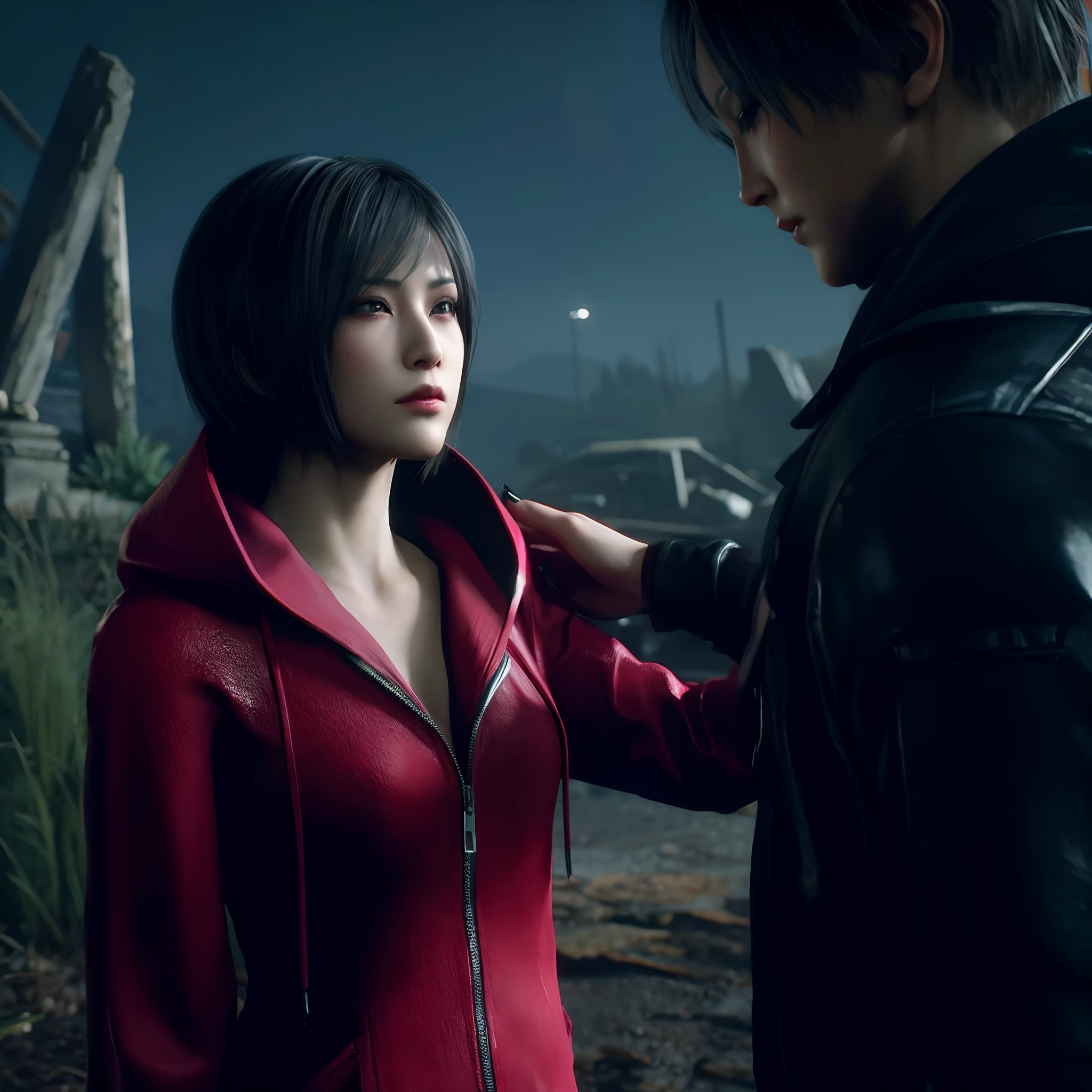 HD, ada wong, beautiful face, bob hair, red coat with black nail polish,  sad face