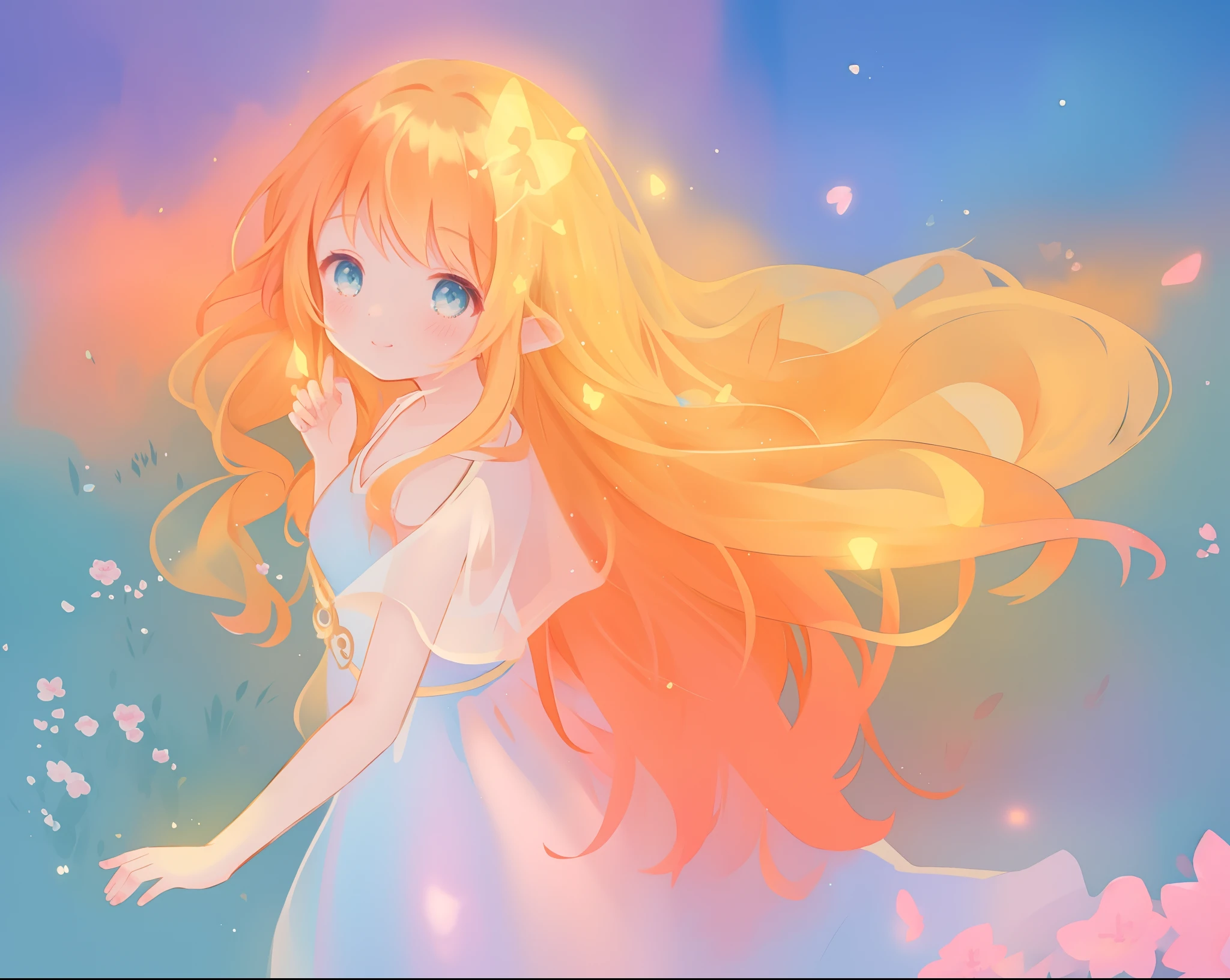 beautiful girl in flowing multi-layered dress, fairy dress, long golden hair, watercolor illustration, inspired by Glen Keane, inspired by Lois van Baarle, disney art style, by Lois van Baarle, glowing aura around her, by Glen Keane, jen bartel, glowing lights! digital painting, flowing glowing hair, glowing flowing hair, beautiful digital illustration, fantasia otherworldly landscape plants flowers, beautiful, masterpiece, best quality, anime disney style