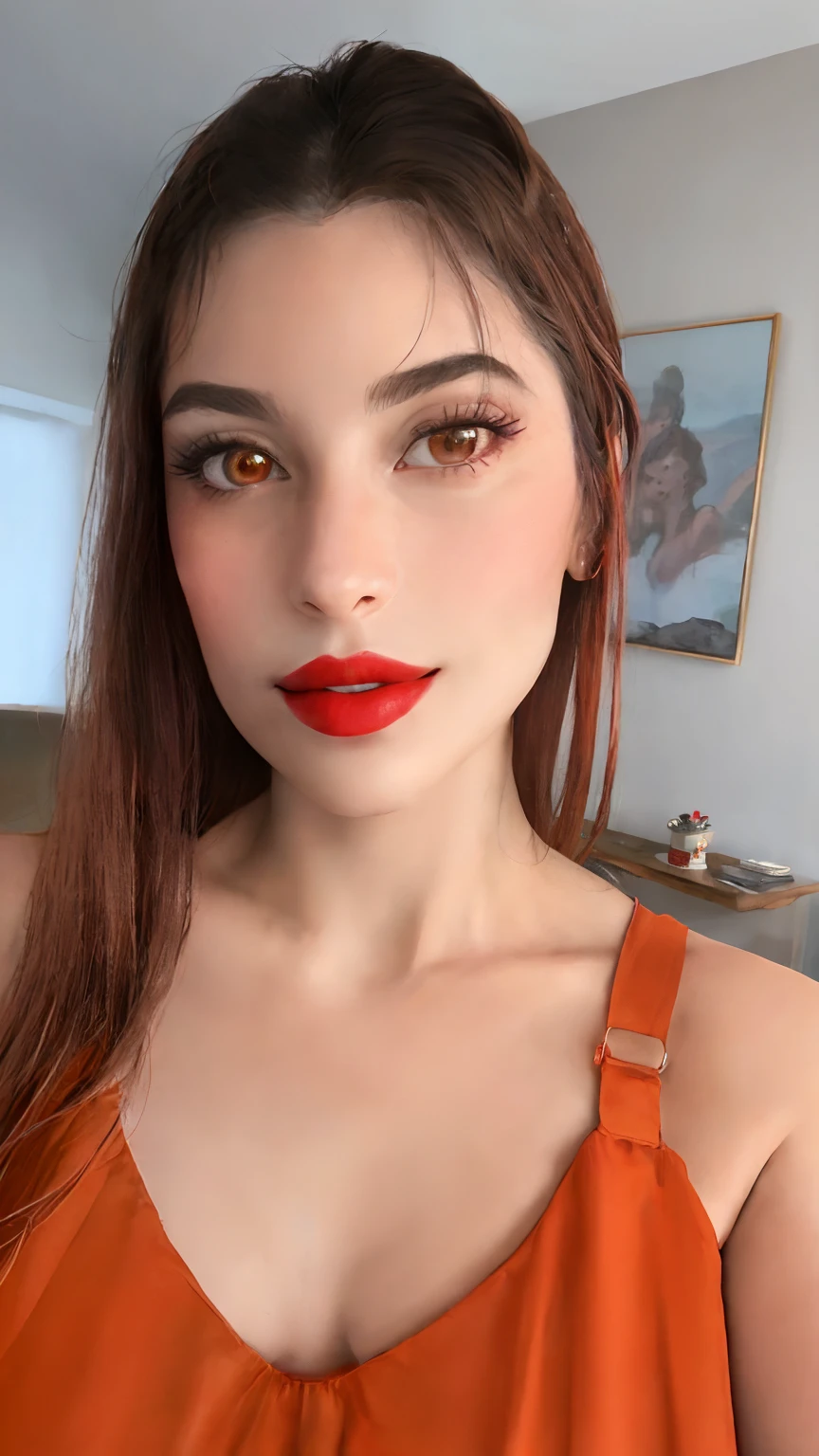 There's a woman with a red lipstick and a brown dress, Batom vermelho no rosto, red lips, sexy red lips, small and thick red lips, Batom vermelho brilhante, cheeky smile with red lips, thick red lips, Red lipstick, faint red lips, Mulher francesa de 30 anos, neck zoomed in from lips down, detailed face with red lips