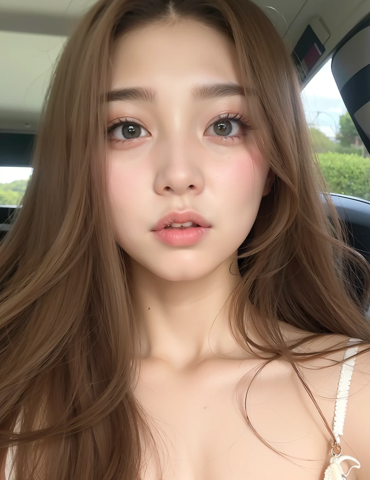 um close up de uma mulher com cabelos longos e uma regata branca, young adorable korean face, Mulher sul-coreana bonita, linda mulher coreana jovem, beautiful aesthetic face, pale thin lips, korean face features, wan adorable korean face, mulher coreana jovem bonita, pale round face, asian beautiful face, maquiagem sul-coreana popular, maquiagem coreana popular, bonito-fino-cara